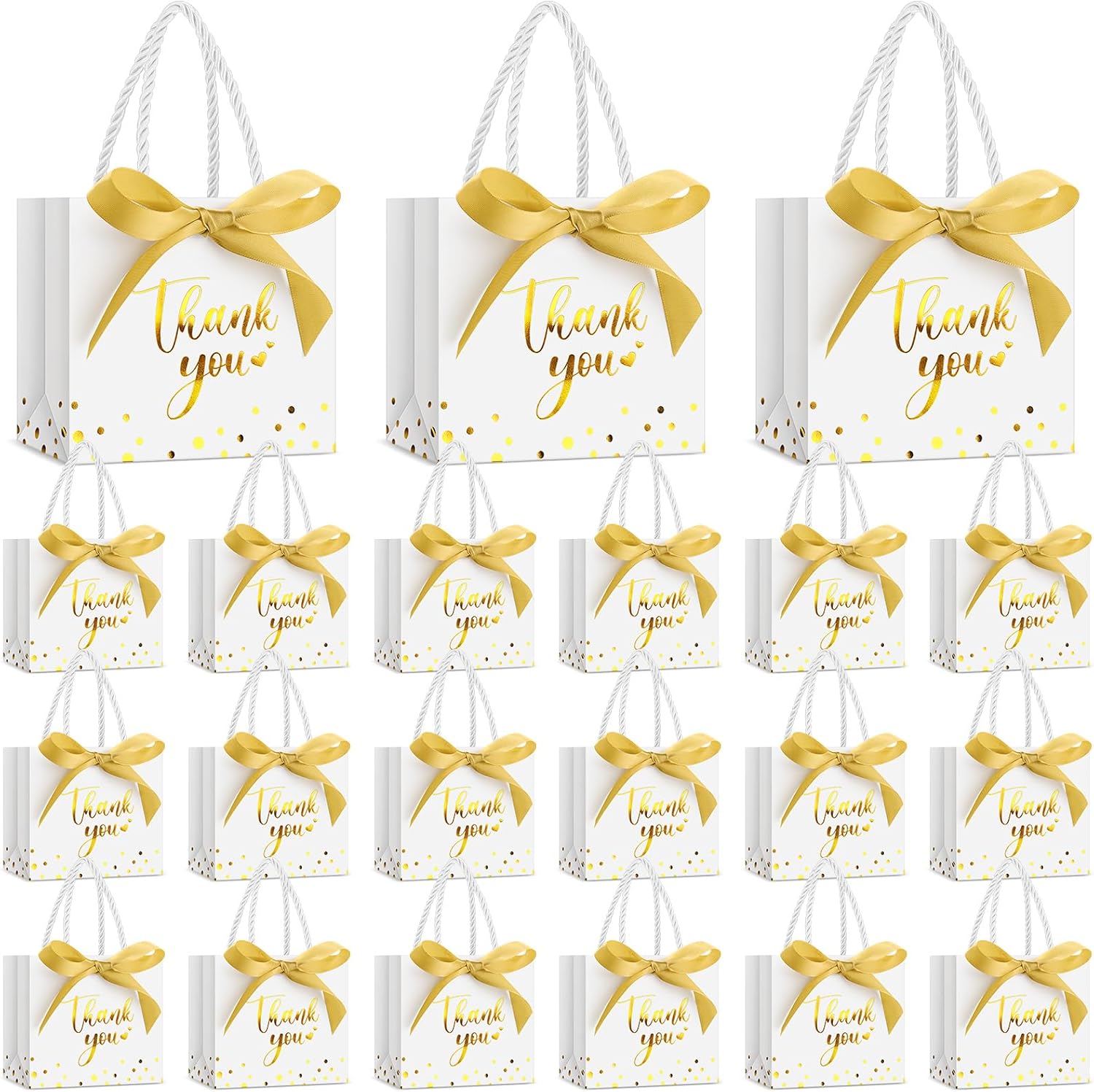 Jetec 45 Pcs Mini Paper Gift Bag Bulk 5.5 x 4.7 x 2.5'' Small Thank You Favor Bag with Handle Bow Ribbon for Valentine Wedding Baby Bridal Shower Birthday Anniversary Party(White/gold)