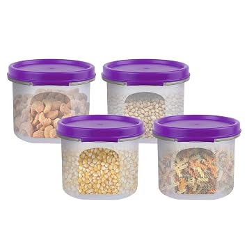 SIMPARTE Smart Slim Storage Air-Tight & Leak Resistant Plastic Round Modular Container For Juice, Snacks, Cookies, Wafers,Chia Seeds Stackable, BPA Free, Refrigerator Safe, Set of 4 (250ML, Purple)