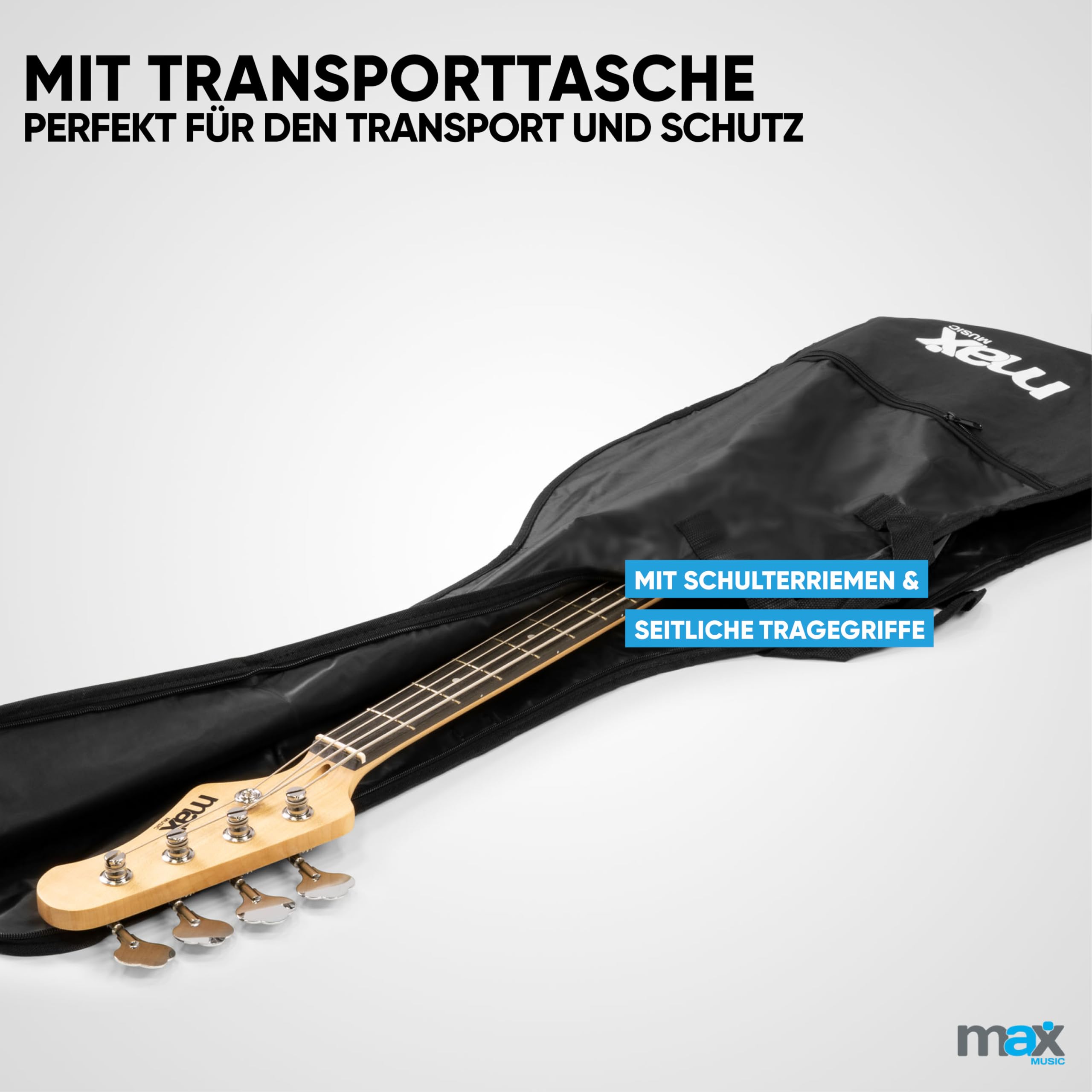 MAX GigKit Bassgitarre Set, E Bass Gitarre, Bass Guitar mit Gitarrenverstärker, Tasche, Stimmgerät, Plektren, Ständer, Gurt, Kabel und Ersatzsaiten - 21 Bünde - Weiß