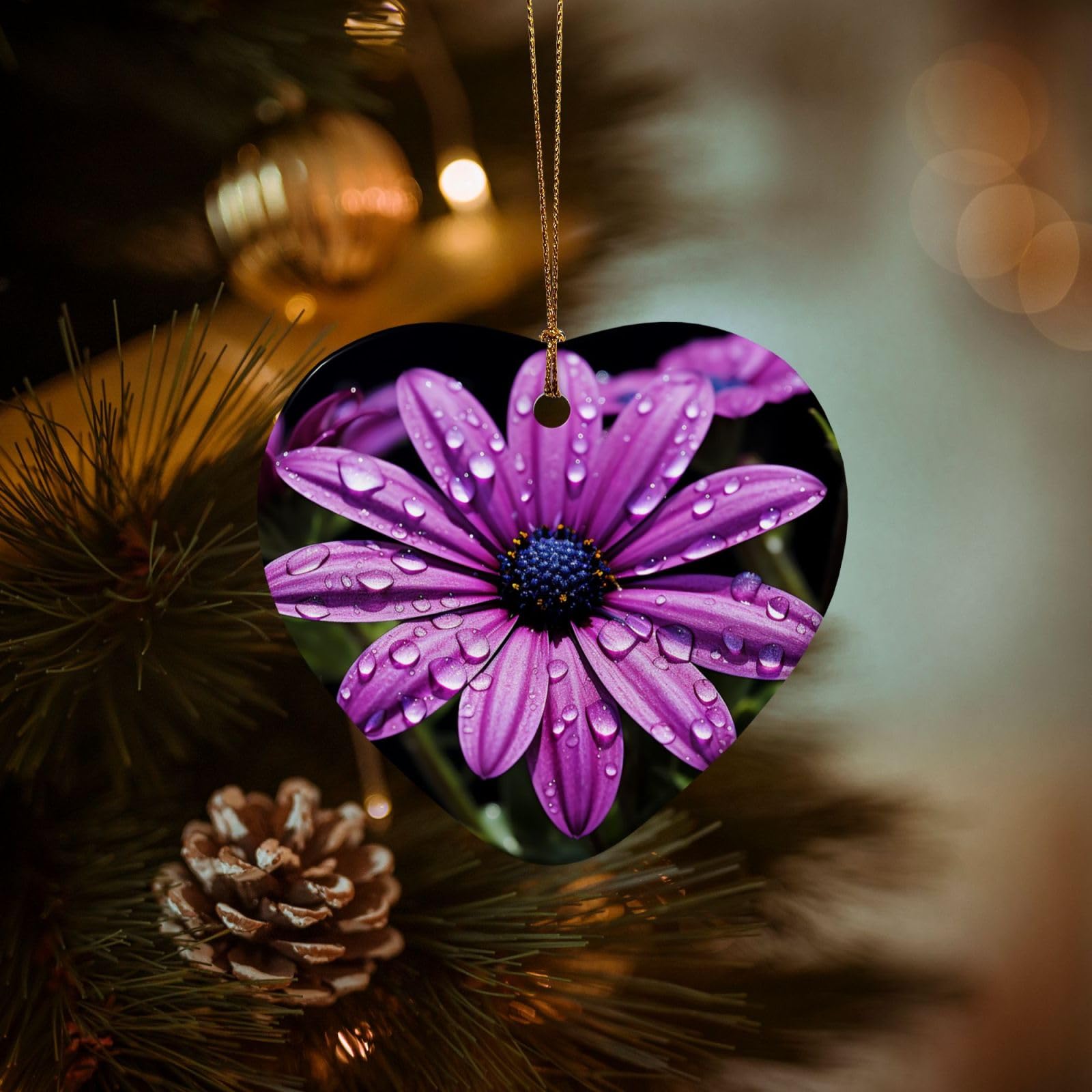 Christmas Ornaments for Christmas Tree Decoration Hanging Purple Daisy Ornament with Gold Ribbon Crafts Heart Shape Ceramic Pendant for Keepsake Gifts Xmas Decor Party Supplies