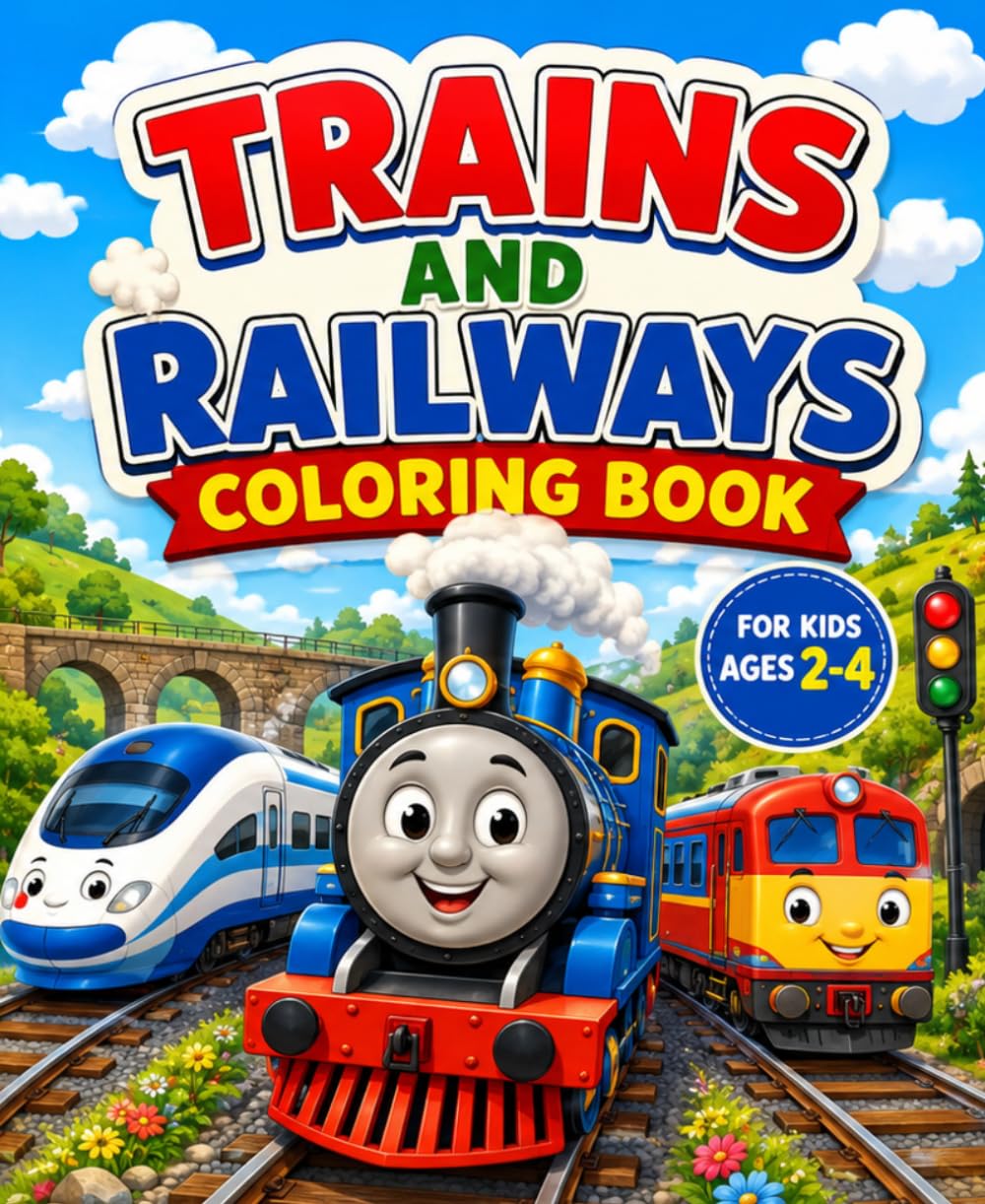 Trains and Railways Coloring Book for Kids Ages 2-4: Fun and Simple Train, Locomotive, Railway Station, Track and Bridge Coloring Pages for Toddlers