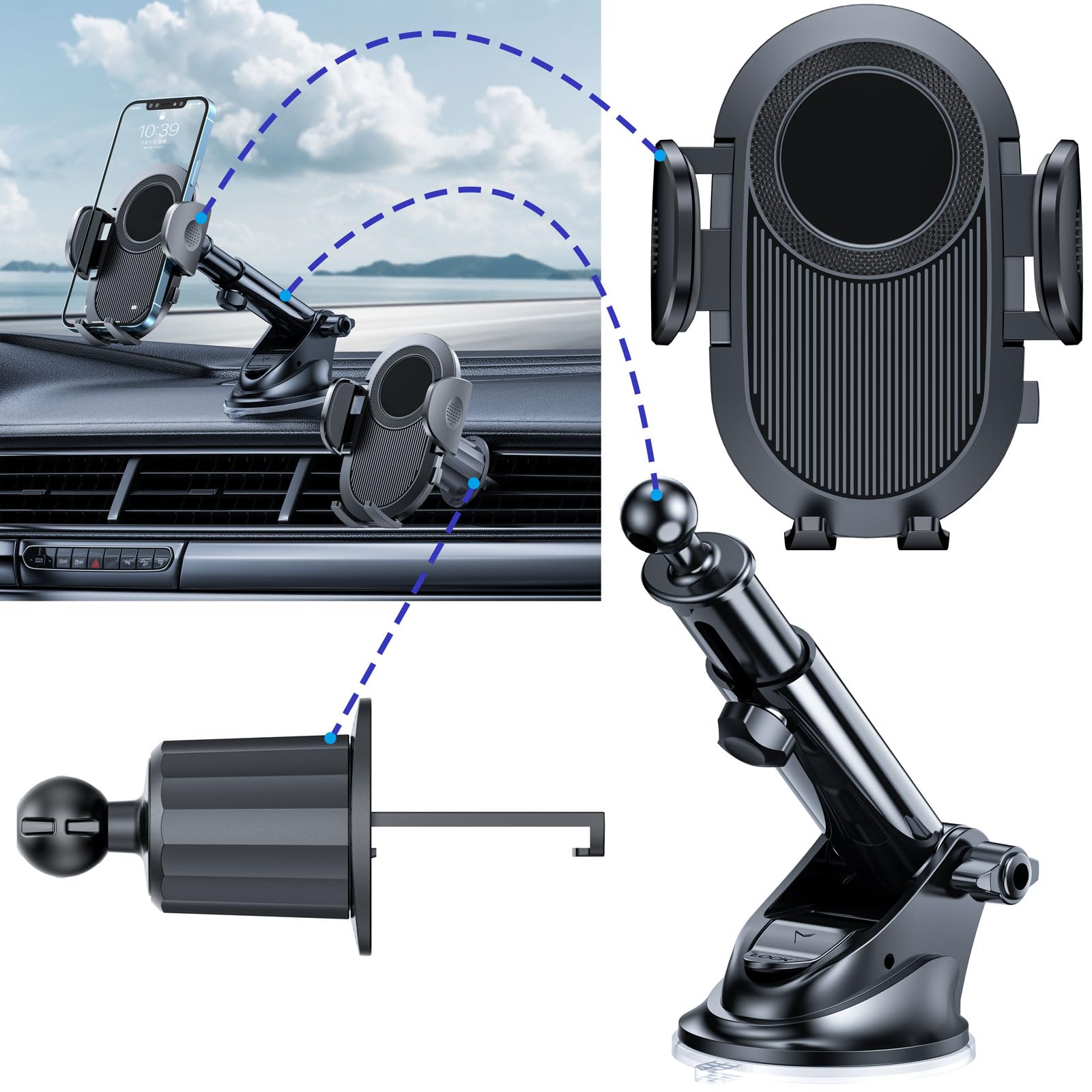 PingispowerCar Phone Holder Mount, Upgraded Phone Holder for Car Dashboard Windshield Air Vent 3 in 1, Cell Phone Holder Car for iPhone Android and All Smartphones, Black