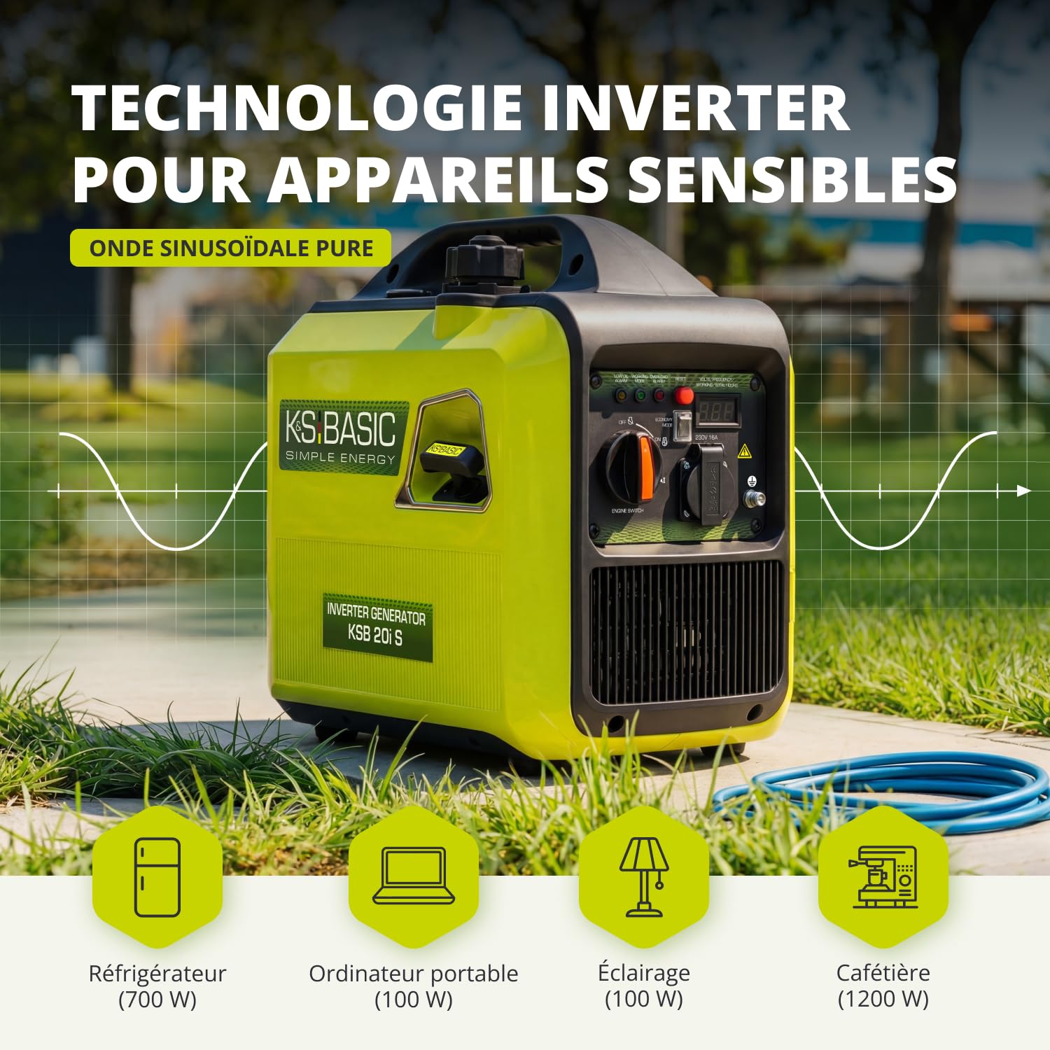 K&S BASIC Générateur inverter 20i S 2000 W, générateur de secours à essence 230 V - Onde sinusoïdale pure, générateur de courant avec mode éco, affichage LED, puissance nominale de 1,8 kW, portable