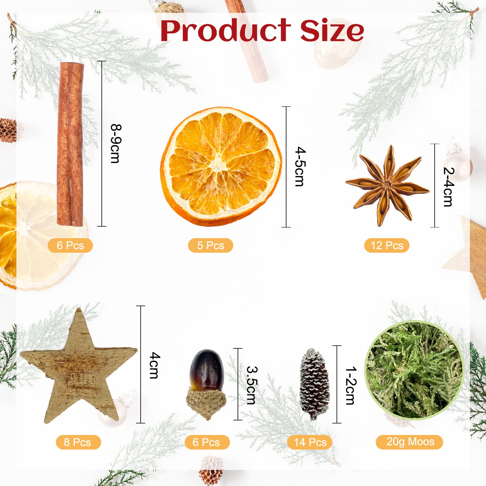 Apragaz Potpourri - Set di 52 decorazioni natalizie,corona dell'Avvento,decorazione naturale,con stelle di cocco naturale,fetta di arancia,cedro,anice,cannella,ghianda,delicato muschio giallo