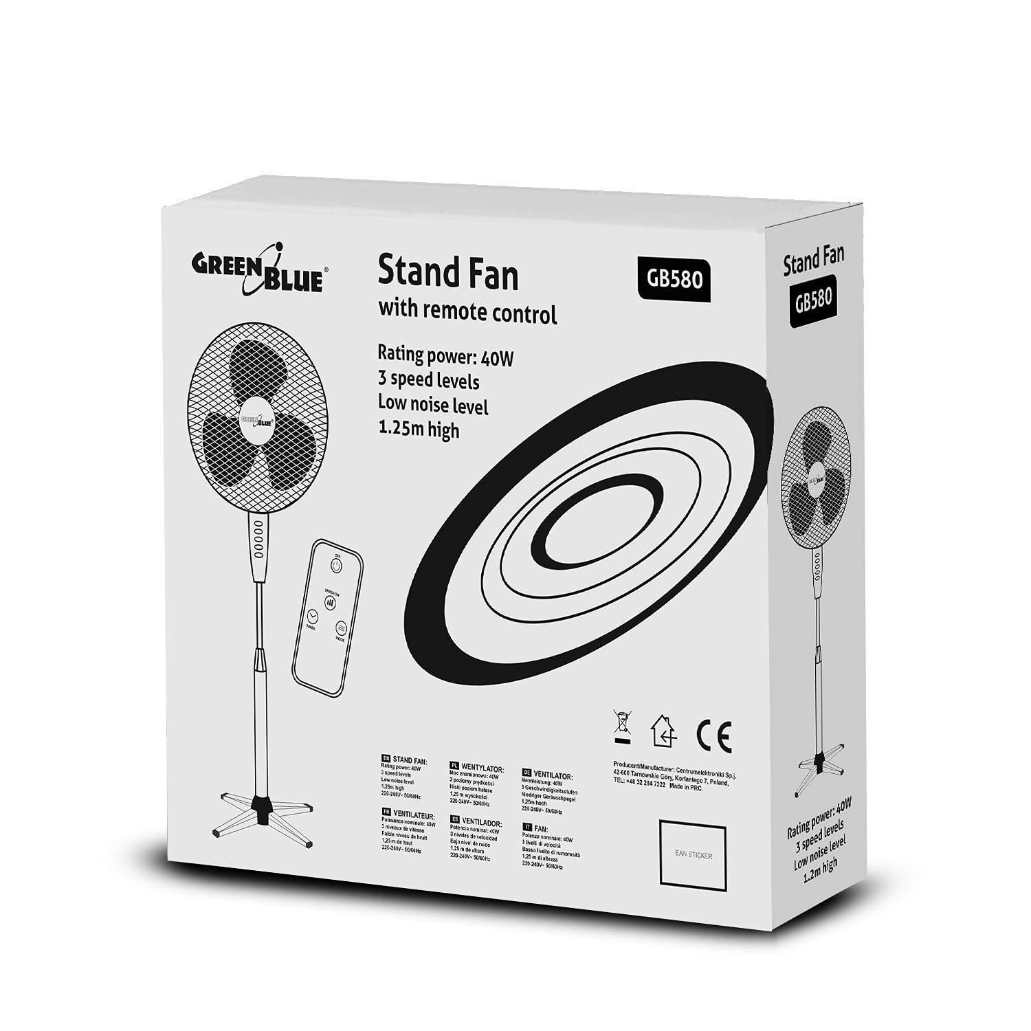 Green Blue GB580 Ventilateur sur pied avec télécommande 40 W 3 niveaux de vitesse 40 cm Faible niveau sonore Oscillation Ventilateur de sol avec minuterie 7,5 h Noir