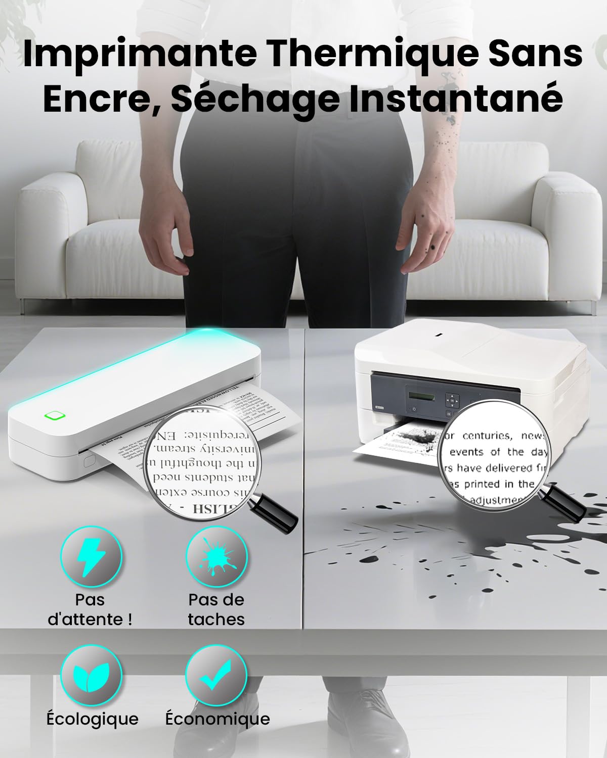 Imprimante Thermique Portable A4 sans Encre Bluetooth Compatible Android iOS Ordinateur