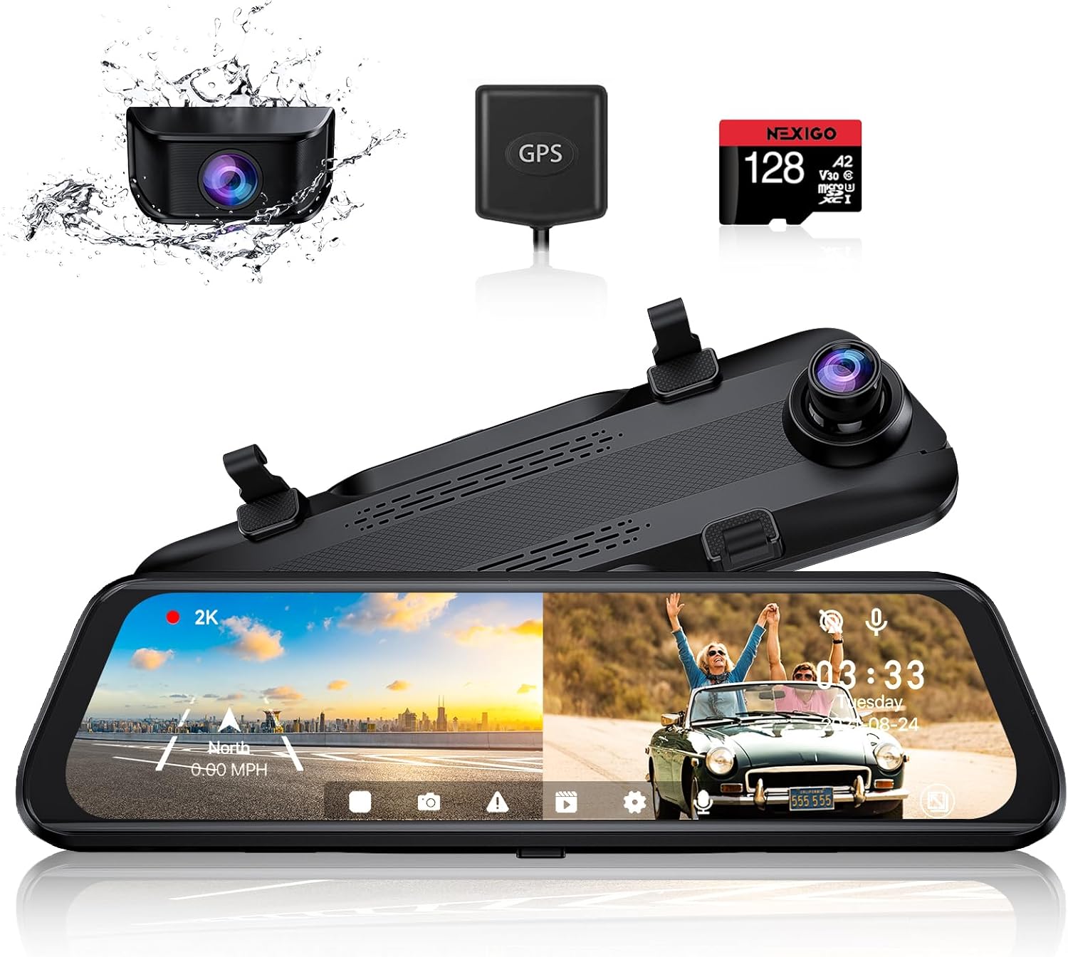 NexiGo D81 2.5K Mirror Dash Cam with Dual Sony STARVIS Sensor, 10 Inch Touch Split Screen, Front and Rear Dual Camera, GPS, Super Night Vision, Emergency Recording, Loop Recording