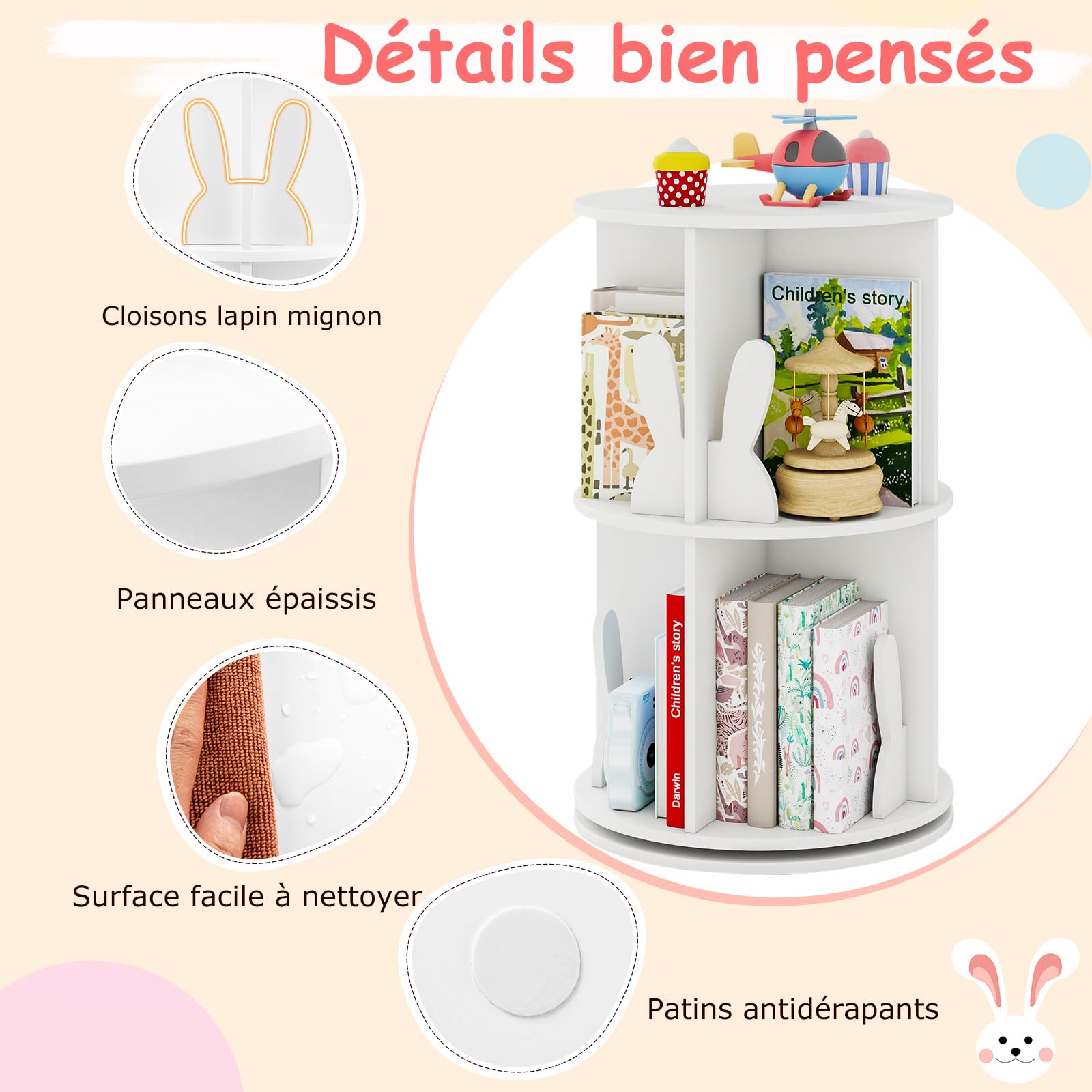 COSTWAY Bibliothèque Enfant Rotative à 360°à 2 Niveaux avec 8 Compartiments Ouverts, Étagère à Livres avec Cloisons en Forme Lapin, Patins Antidérapants pour Chambre d'enfant Salon (Blanc)