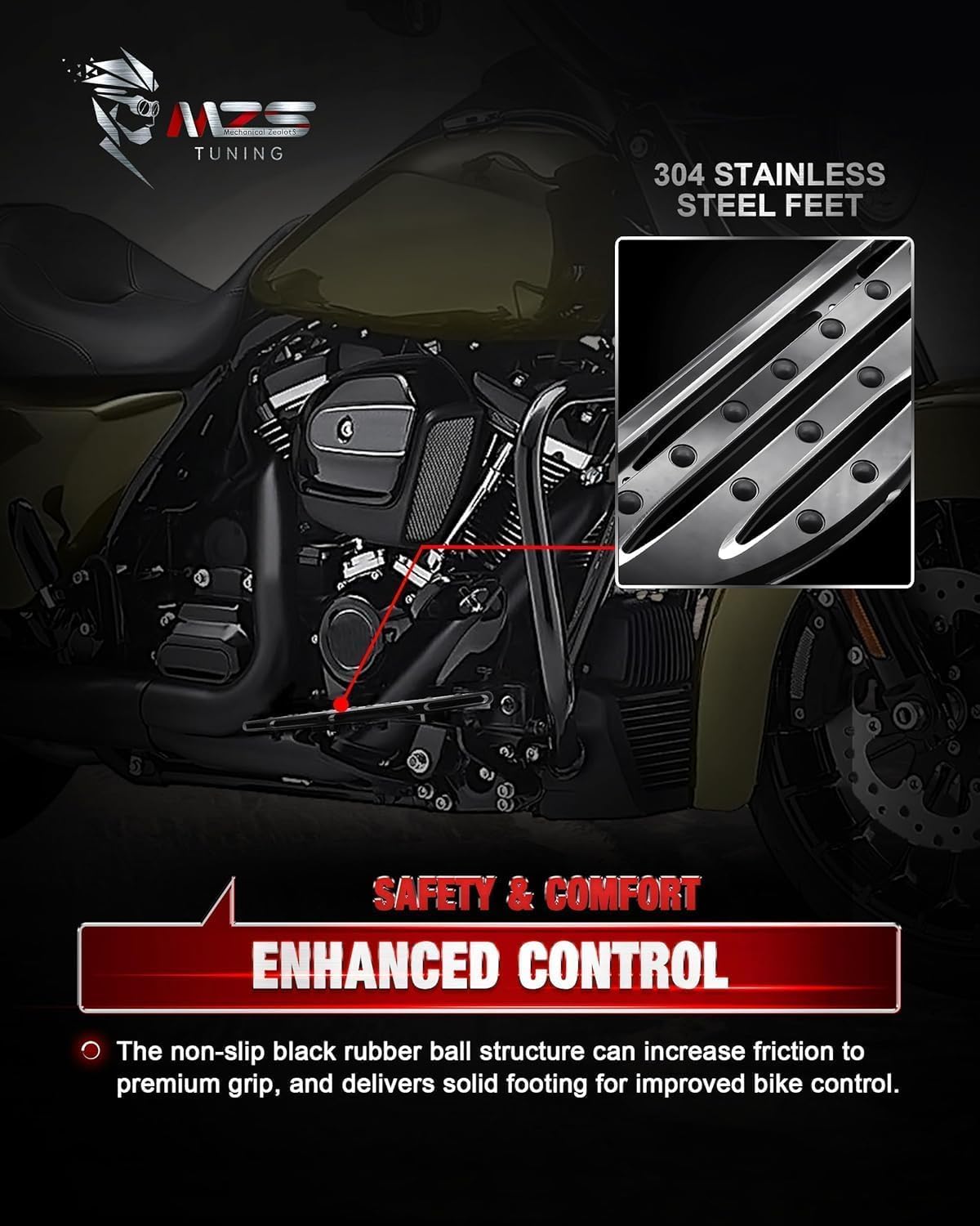 MZS Motorcycle Floorboards Set, Touring Passenger Driver Footboards Wide Front Rear Foot Pegs Board Stretched Black Compatible with Softail Street Electra Glide Road King Ultra Glide Limited Trike