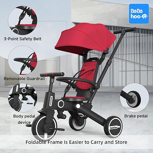 Miniatura 5 de Cochecito de triciclo para niños pequeños, triciclo plegable para bebés, bicicleta de equilibrio para niños con mango de empuje, bicicleta de