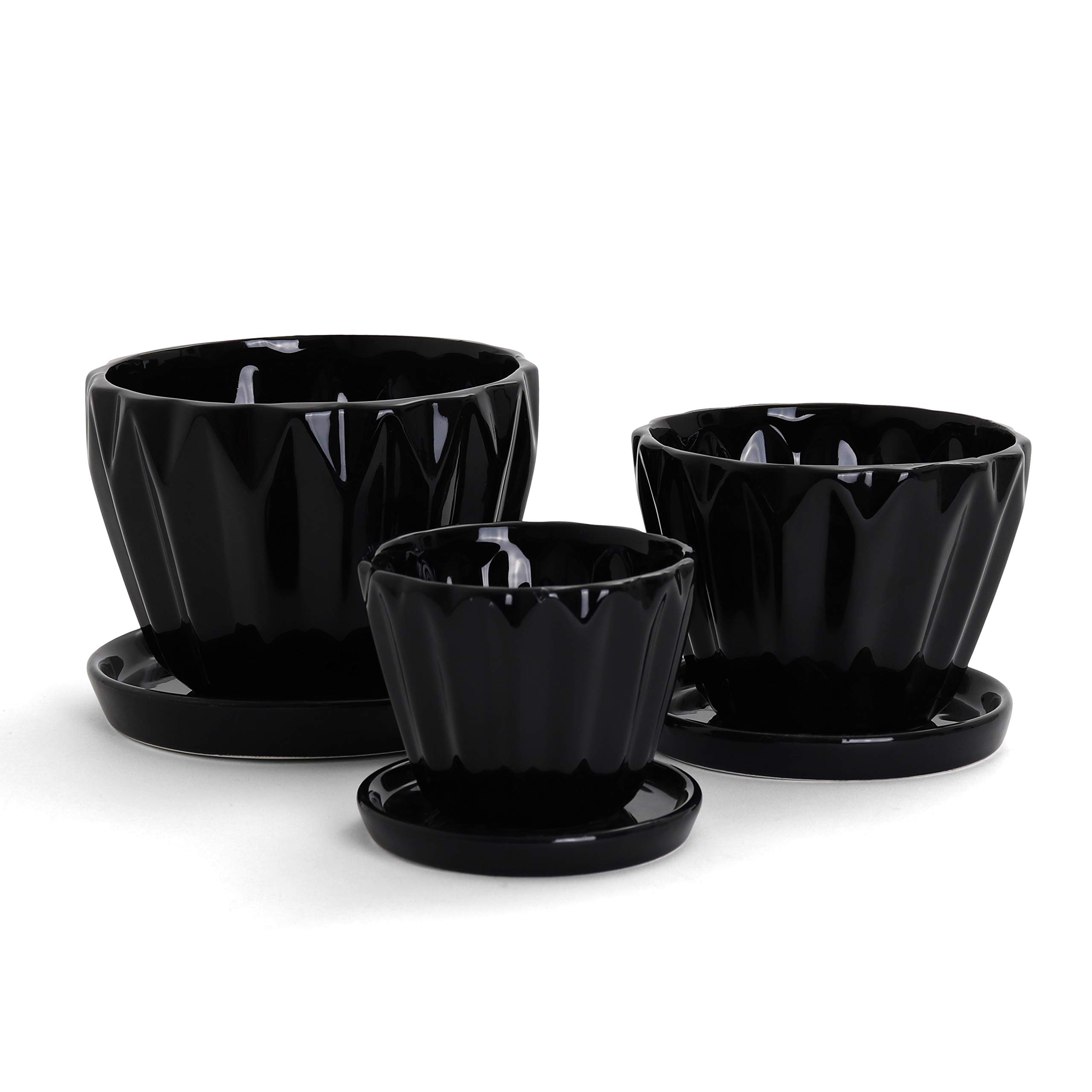 Milltown Merchants Black Planter Set - Indoor and Outdoor Plant Pot - Contemporary Ceramic Planter - Textured Planter Flower Pot Set (Fluted/Black)