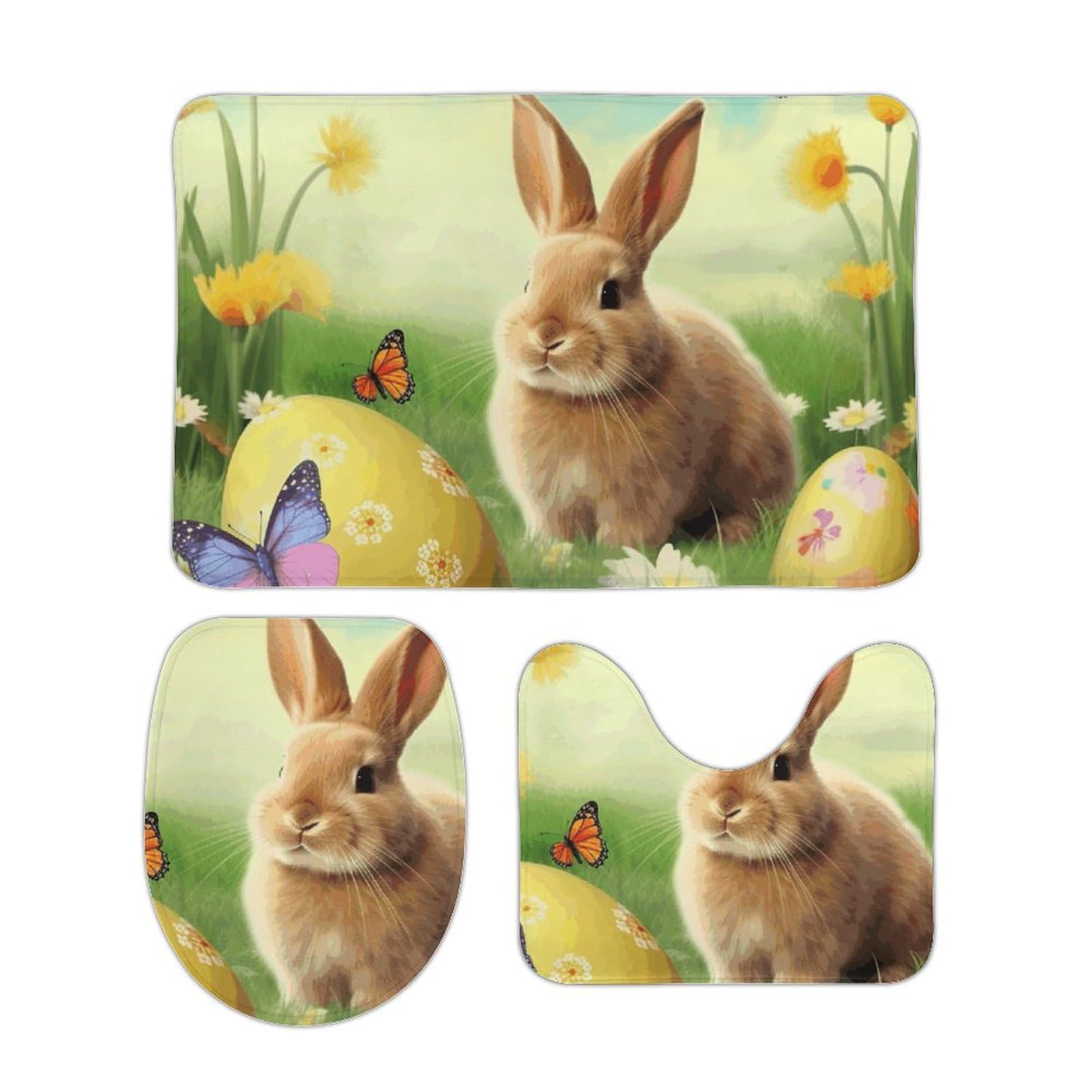 Lot de 3 tapis de bain antidérapants lapin de Pâques lavables avec housse WC
