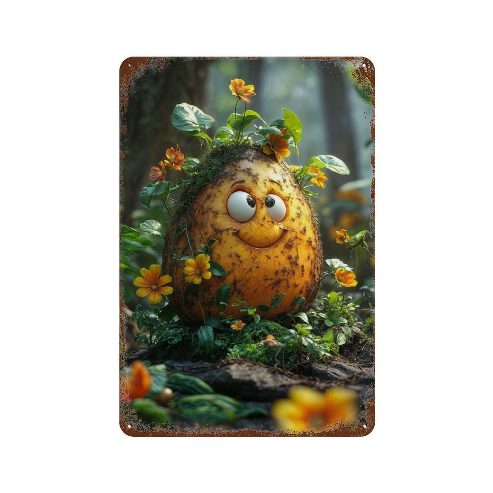 Rust Effect Smiling Potato in Forest Rustic Tin Plaque 11.8"x7.9", Classic Wall Plaque for Shed, Workshop And Garage Wall Decor