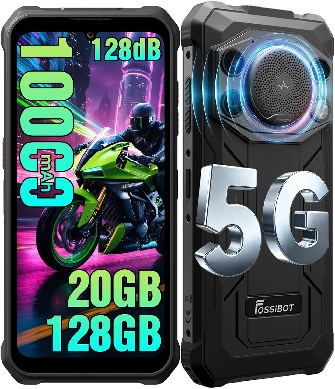 FOSSiBOT F110Pro Outdoor Smartphone 5G Android 15, 128 dB Lautsprecher-10000 mAh Handy Ohne Vertrag, 5G MediaTek Dimensity 6300+, 20 GB+128 GB/2TB, 6.745" Smartphone, 50 MP Kamera (schwarz)