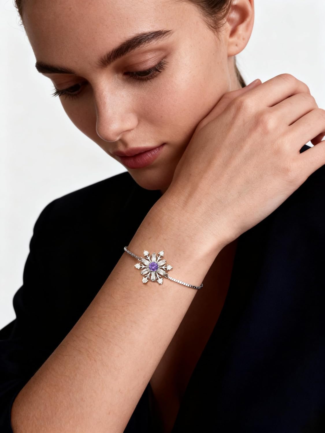 STARCHENIE Snowflake Bracelet 925 Sterling Silver Birthstone Snowflake Bracelets Jewelry Gift for Women with Adjustable Chain