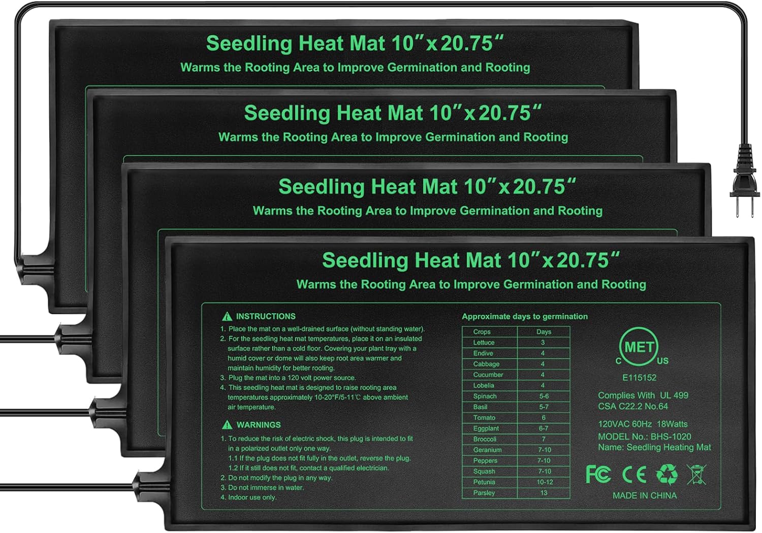 Seedling Heat Mat 4 Pack, MET Certified Heating Mat for Plants Grow Seed Starting Greenhouse, Waterproof Durable Germination Warm Hydroponic Heating Pad