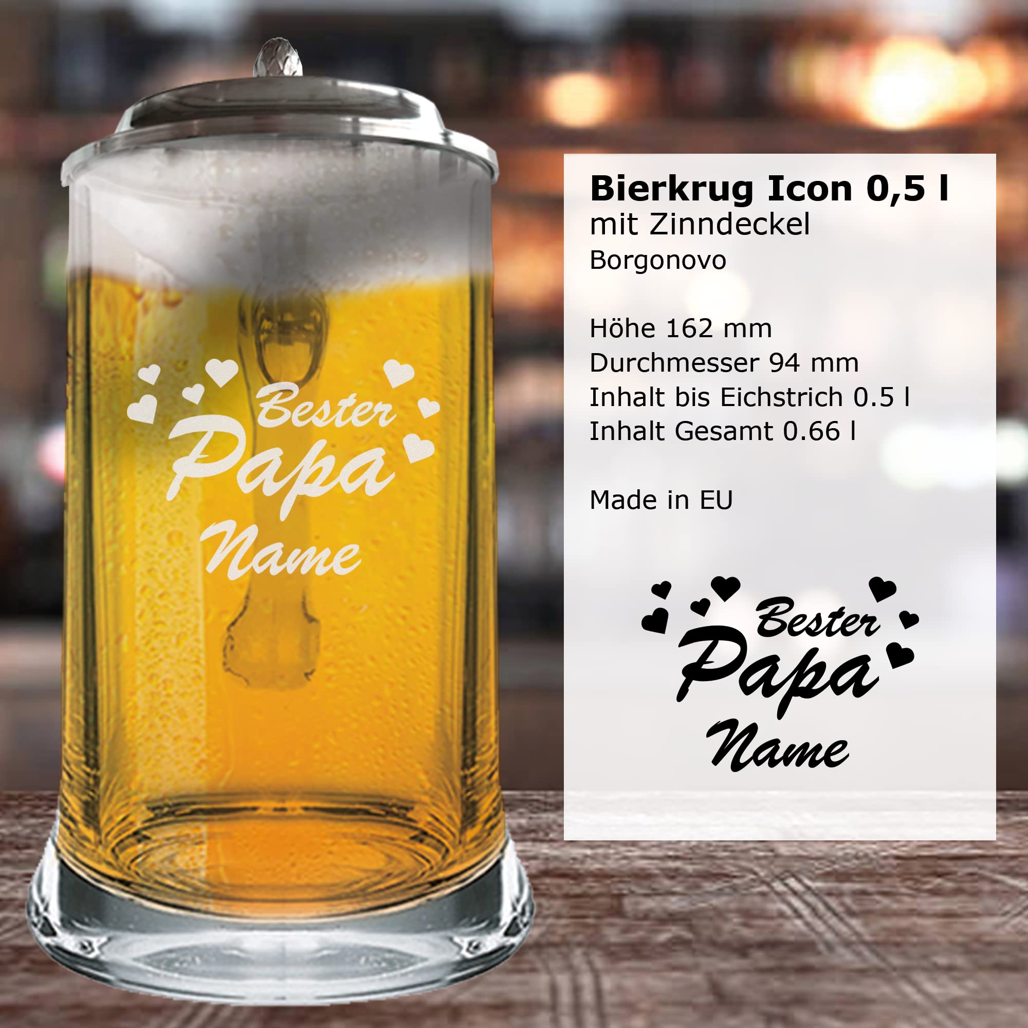Bierkrug mit Zinndeckel und Gravur - Geburtstagsgeschenk zum Vatertag (Vatertag Motiv 06)