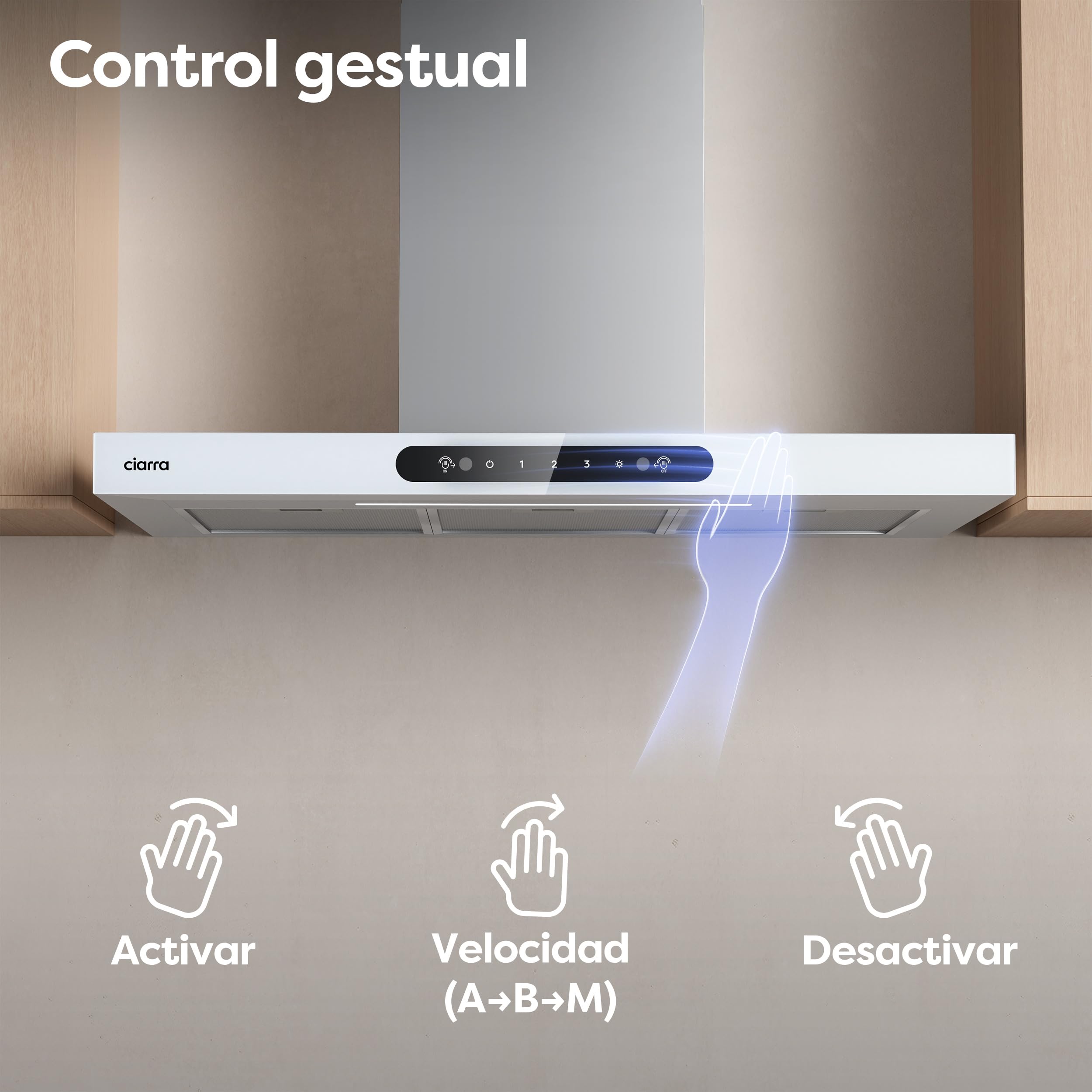 Ciarra AW9102-W Dynamic A+++ Campana extractora 90 cm Recirculación 693 m³/h 61 dB Control de gestos Campana de pared Acero inoxidable Vidrio Blanco