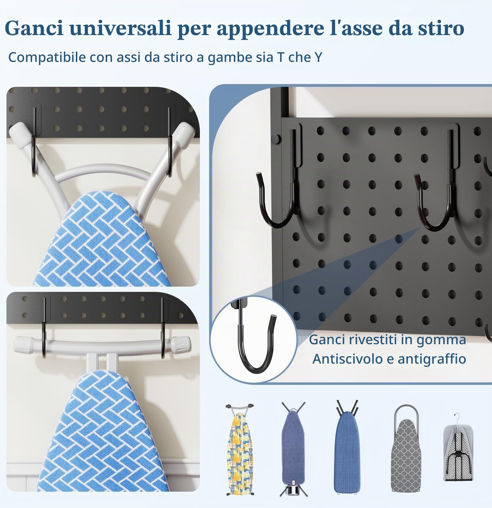 Porta Asse da Stiro da Muro, Supporto da Parete per Ferro da Stiro con Ripiano per Prodotti per la Pulizia, Supporto per Pannello Forato con Supporto per Ferro da Stiro e Ganci per Scope