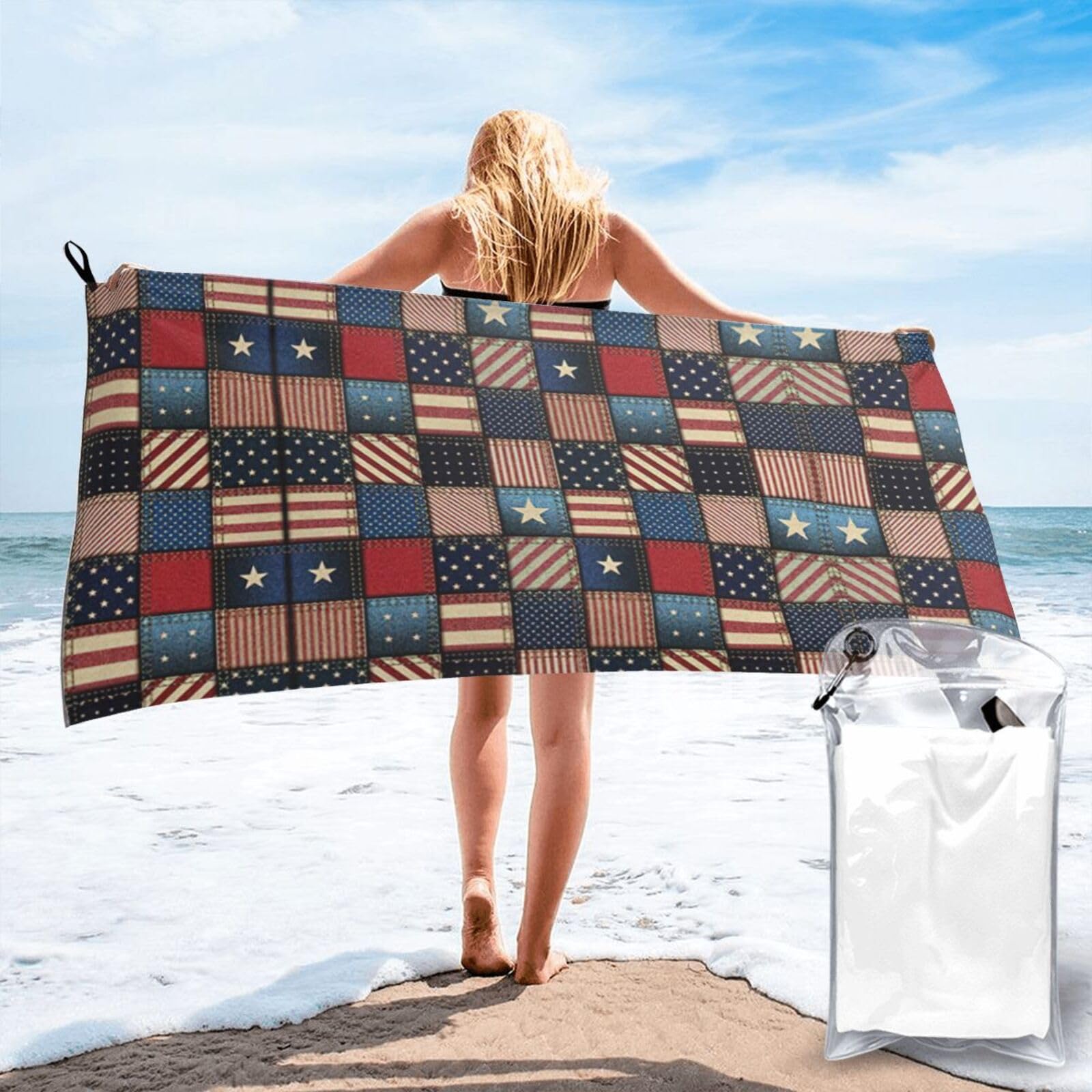 SDEGTHO American Flag Patchwork Print Beach Towel Quick Dry Portable For Swimming Yoga Adults Fitness