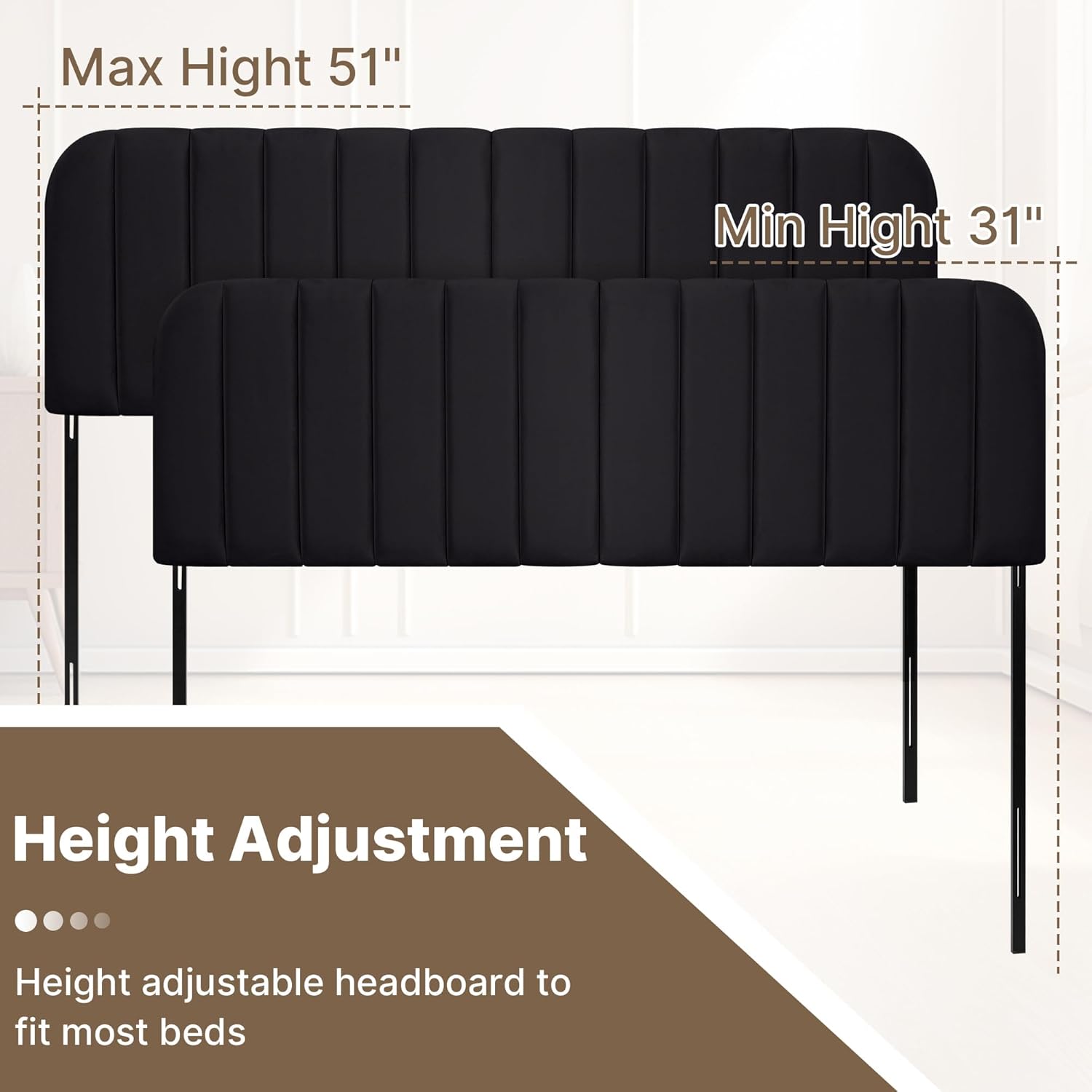 King Headboard Only - Upholstered Headboard for Bed, Easy Assembly, Velvet Covered Sponge, Place Between Bed & Wall, Adjustable Metal Legs with Non-Slip Pads, Black