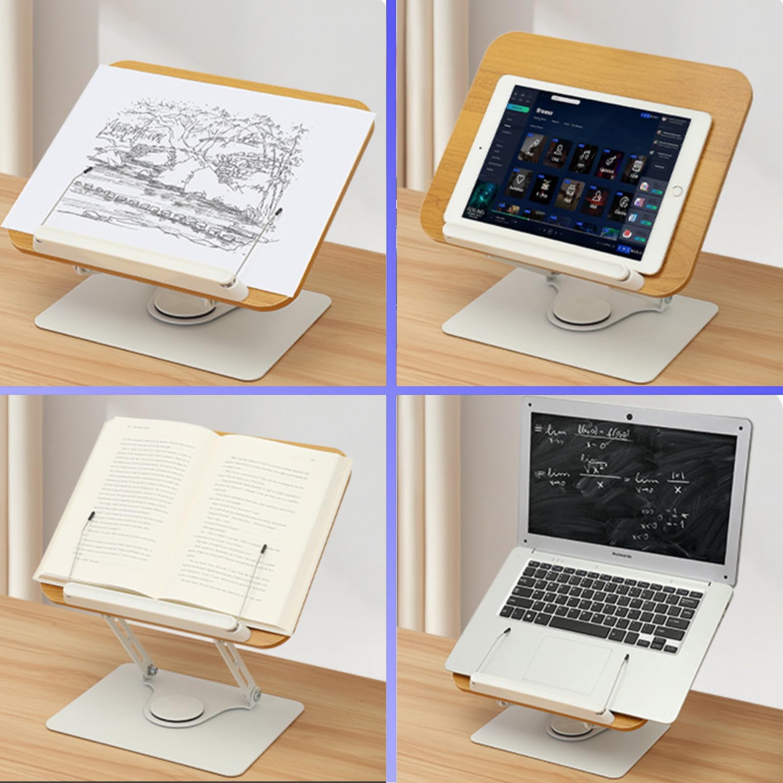 Buchständer Verstellbarer, Holz Buchhalter Leseständer zum Lesen mit 360° Drehbarer Basis, Kochbuchständer, Rezeptbuchhalter mit elastischen Seitenklammern für Musikpartituren Rezepte Tablet Laptop
