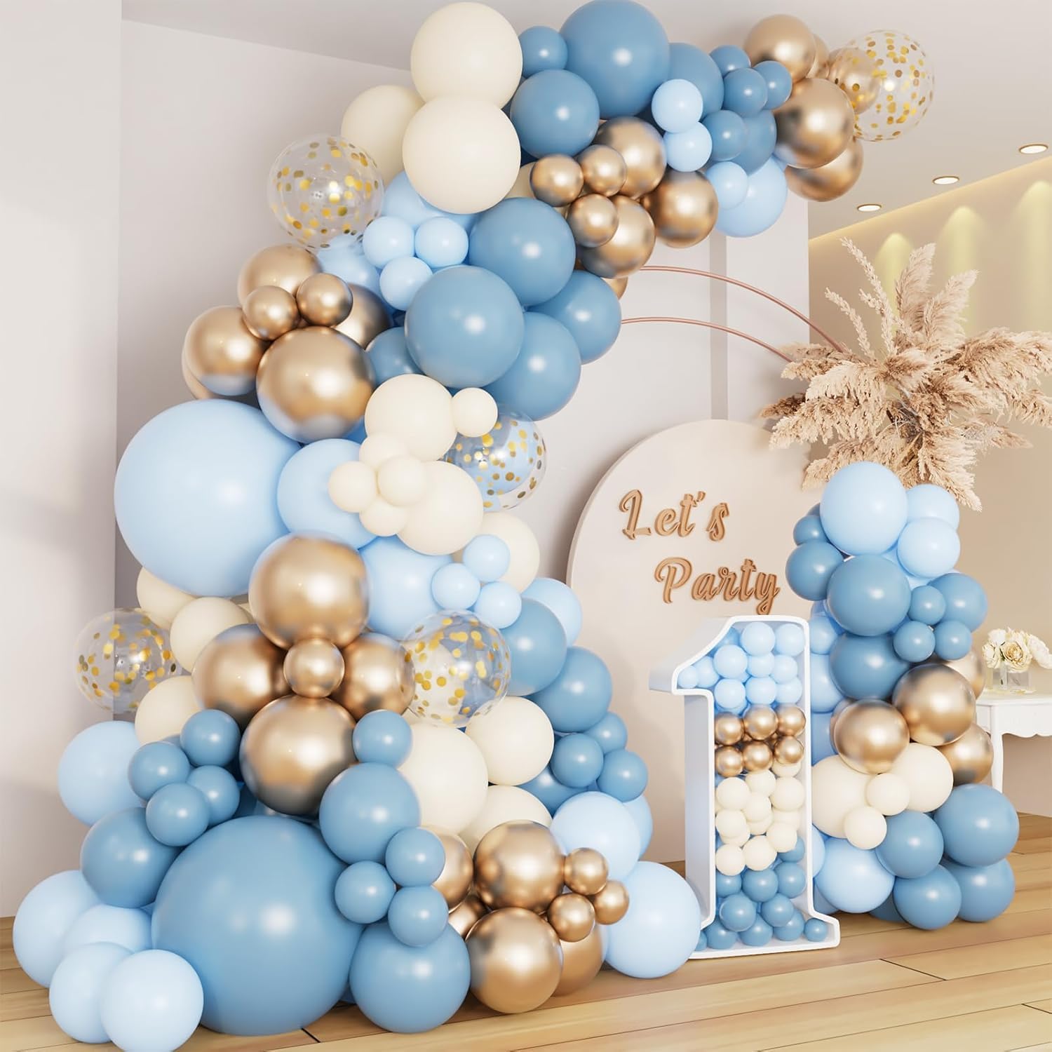 CboDeco Dusty Baby Blue Balloon Arch Garland Kit, Different Sizes 18 12 10 5 inch Pastel Baby Blue Slate Fog Ivory White Metallic Gold Balloons for Men Boy Baby Shower Birthday Wedding Party Supplies