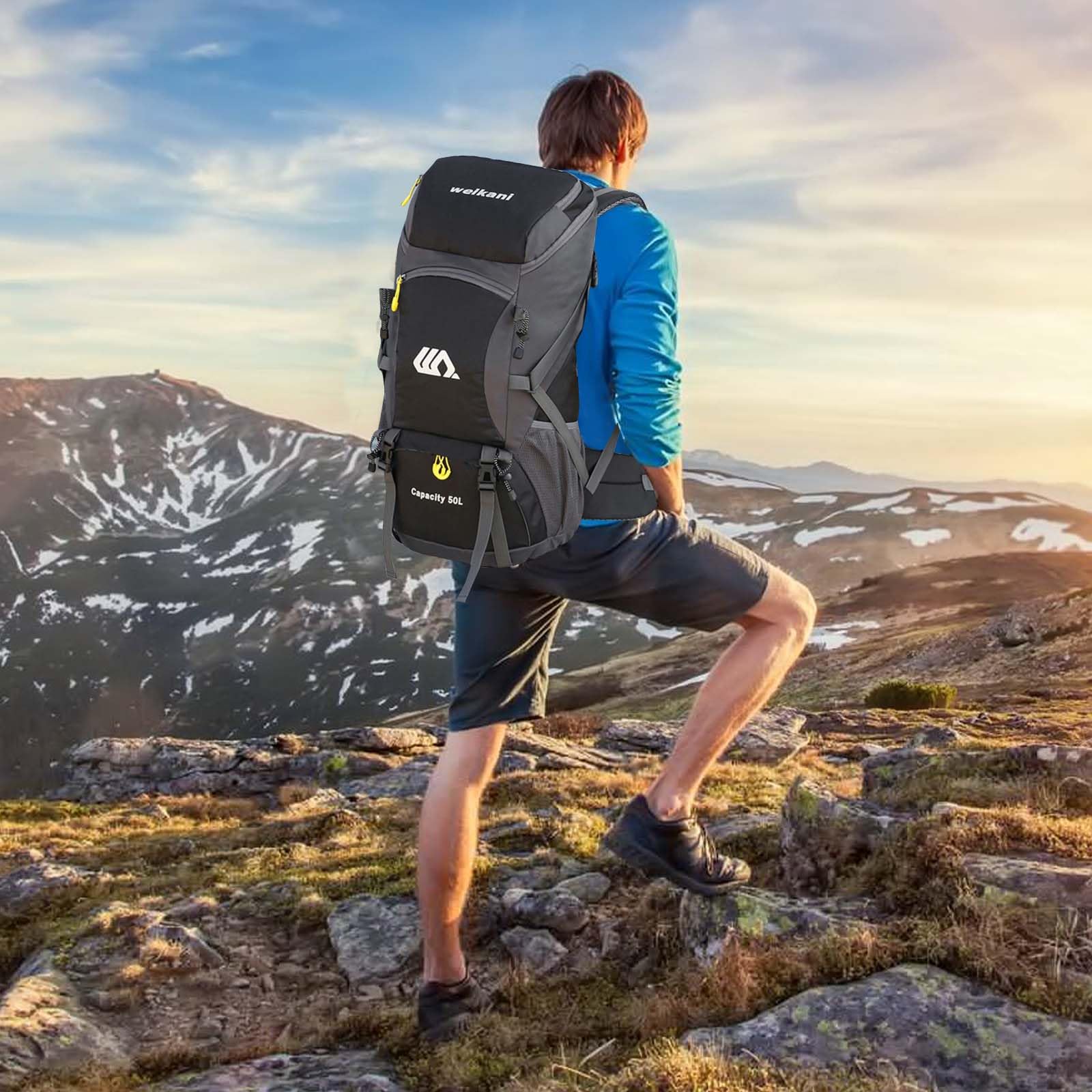 Plecak turystyczny, męski, 50 l, plecak podróżny, plecak trekkingowy, duży, wodoszczelny, czarny, plecak na wędrówki, do jazdy na rowerze, wędrówek, kempingu, wspinaczki górskiej, sportu,