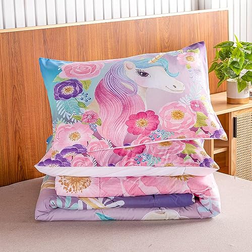 Miniatura 6 de Juego de edredón de unicornio con flores para niños, juego de ropa de cama para niñas, bonito juego de edredón de unicornio rosa de dibujos animados