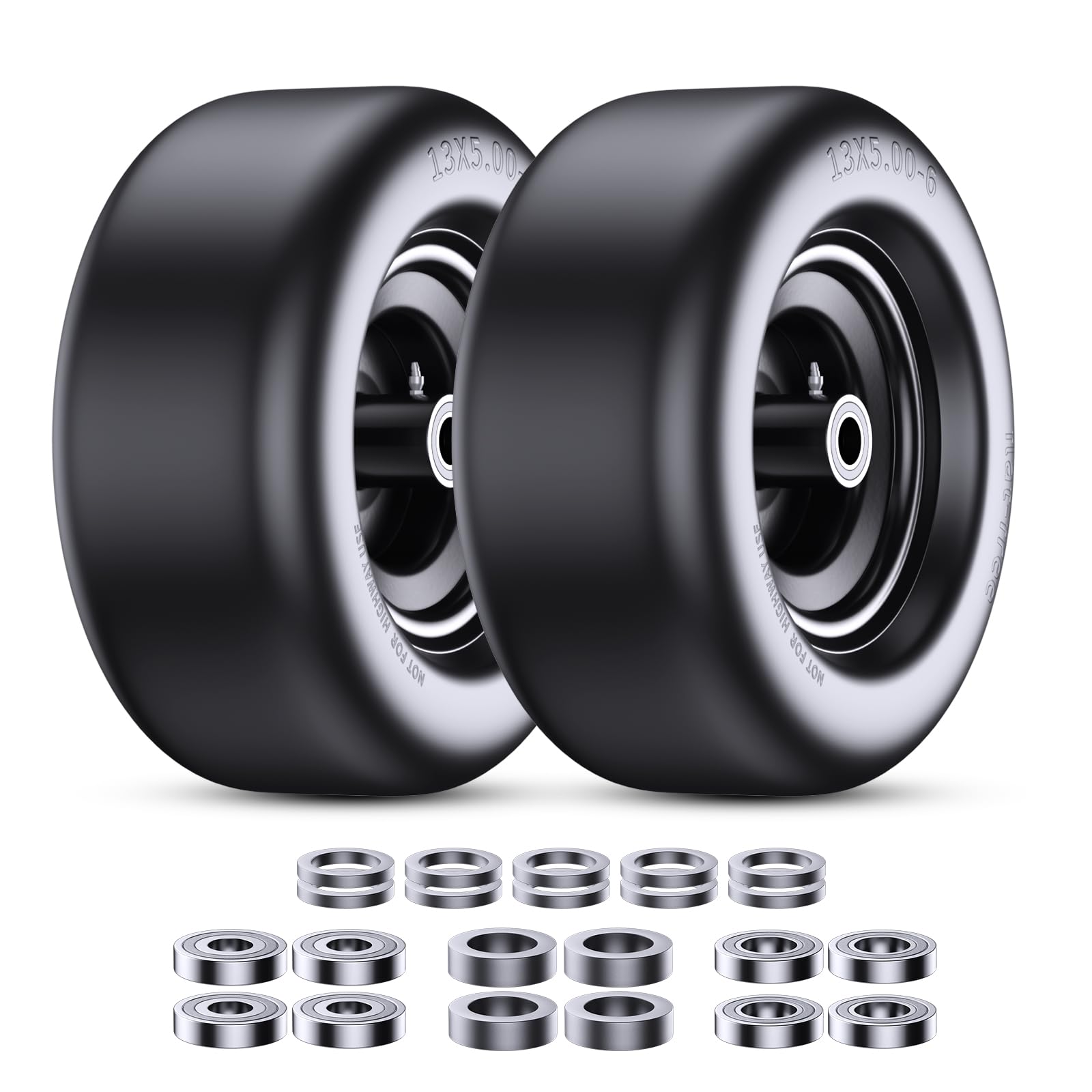 Lawn Mower Tires 13x5.00-6 (2-Pack), Flat Free Solid Smooth Tread, Front Tire Assembly Replacement, Universal Fit for Commercial/Residential Mowers with Adapter Kit, 3/4" Bushing (Black)