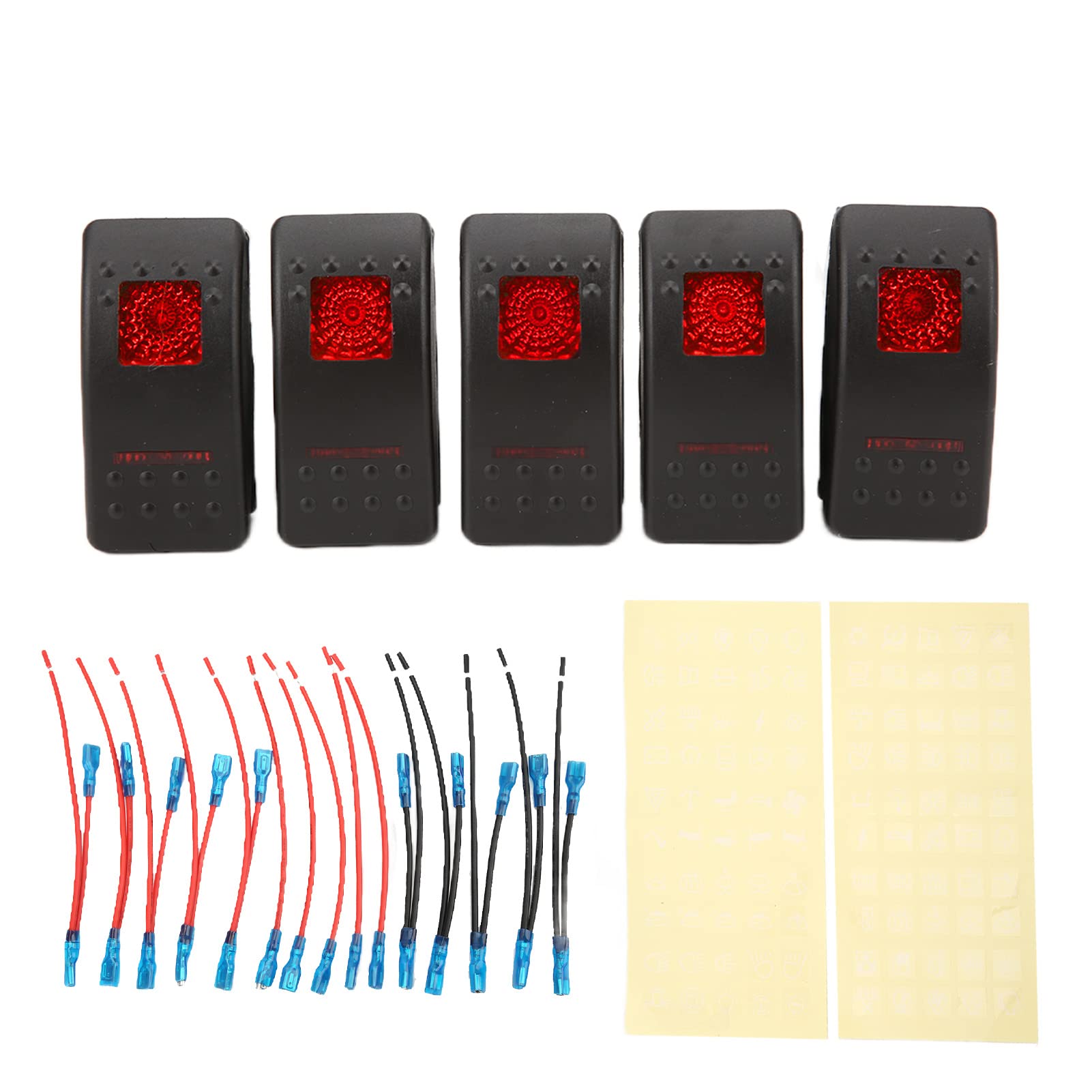 5 paczek SPST przełącznik kołyskowy 5 Pin czerwony podświetlany On Off 12 V 24 V 20A 10A dla samochodu SUV ATV 4x4 motocykl z naklejkami świecącymi w nocy