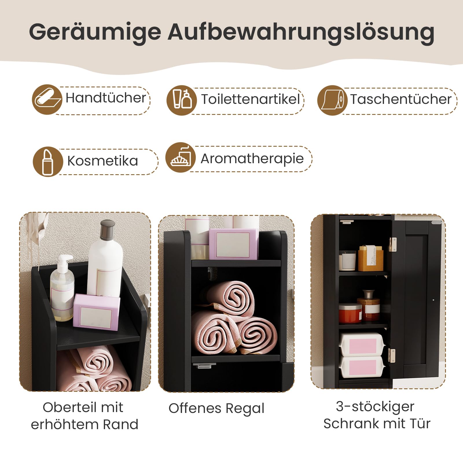GOPLUS Kleiner Badezimmerschrank, Badschrank schmal mit verstellbaren Regalen und offenem Fach, Aufbewahrungsschrank, Toilettenpapier-Organizer für Flur und Wohnzimmer, 18 x 19,5 x 80 cm (Schwarz)