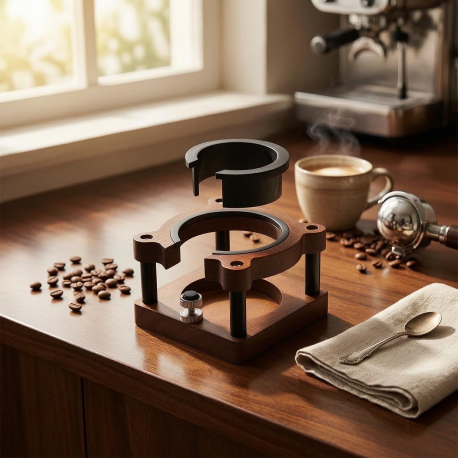 Stazne Pressacaffè in Legno Compatto Base Battifiltro Regolabile Accessor per Angolo Caffè, Cucina