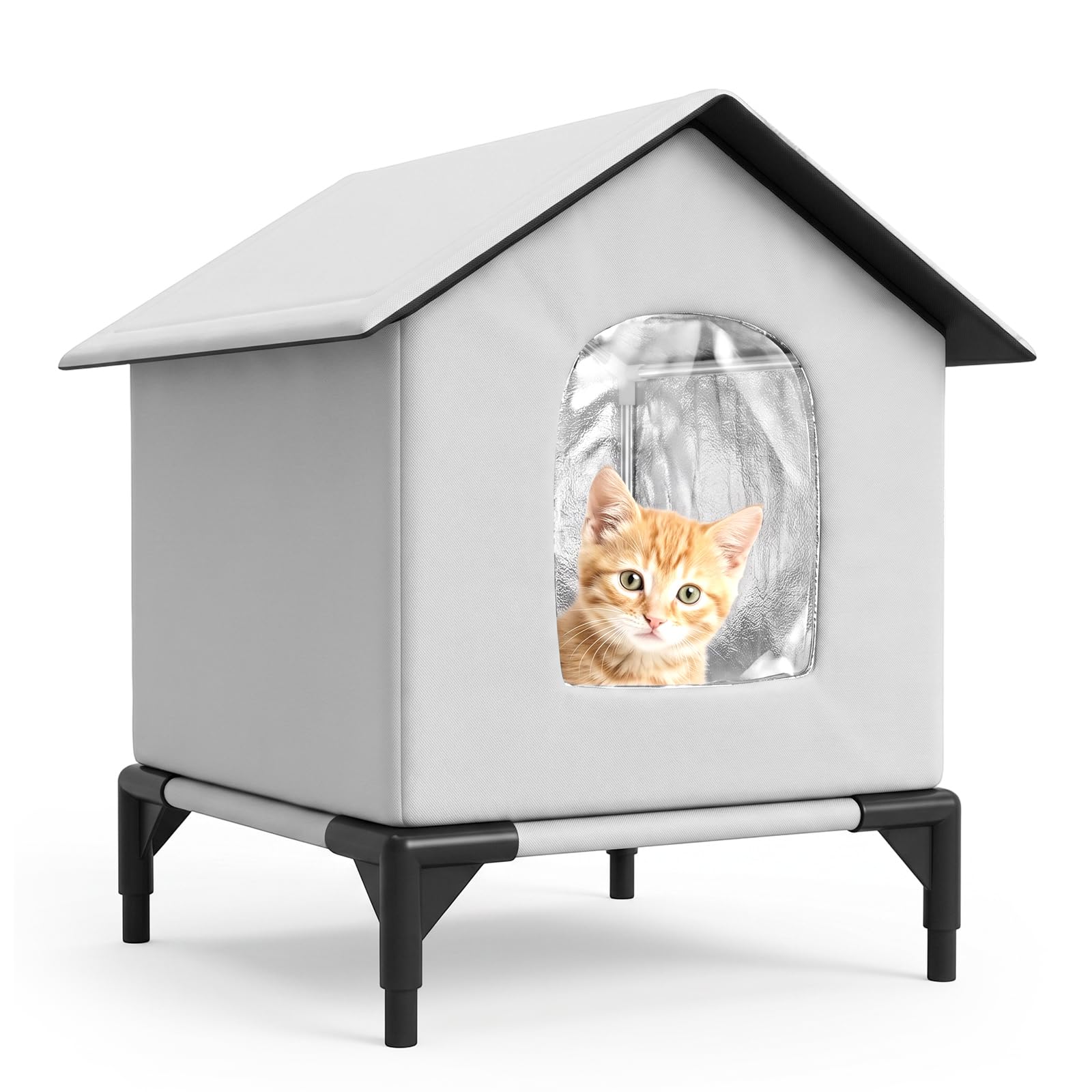 Outdoor Cat House Weatherproof - Large Cat House for Indoor & Outdoor, Waterproof & Insulated, Portable Collapsible Cat Shelter with Elevated Base for Patio Backyard Garden in Summer, Grey
