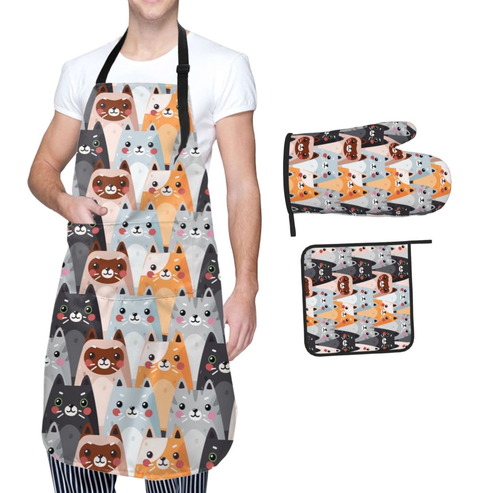 Oplp Funny Cute Cat 3 Piece Set Kitchen Waterproof Apron with Oven Mitt and Pot Holder Cooking Adjustable Apron Microwave Glove Potholder