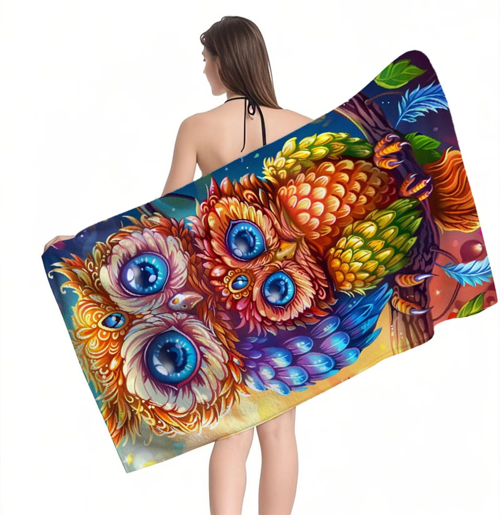 Ręcznik plażowy z motywem sowy z mikrofibry, duży 220 x 100 cm, ręcznik do sauny, szybkoschnący, bez piasku, chłonny ręcznik kąpielowy, nie zajmuje dużo miejsca, podróżny ręcznik na urlop na plaży, Y1