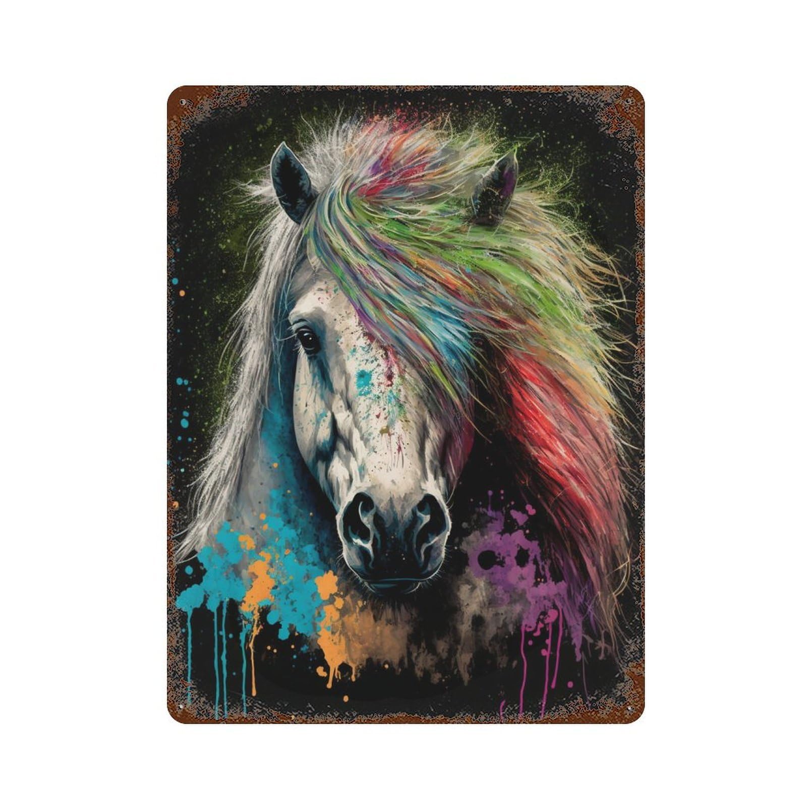 Colorful Horse Art Print-13 Rusty Metal Tin Sign 15.7"x11.8", for Pub, Kitchen And Man Cave Decor, Novelty Wall Decor