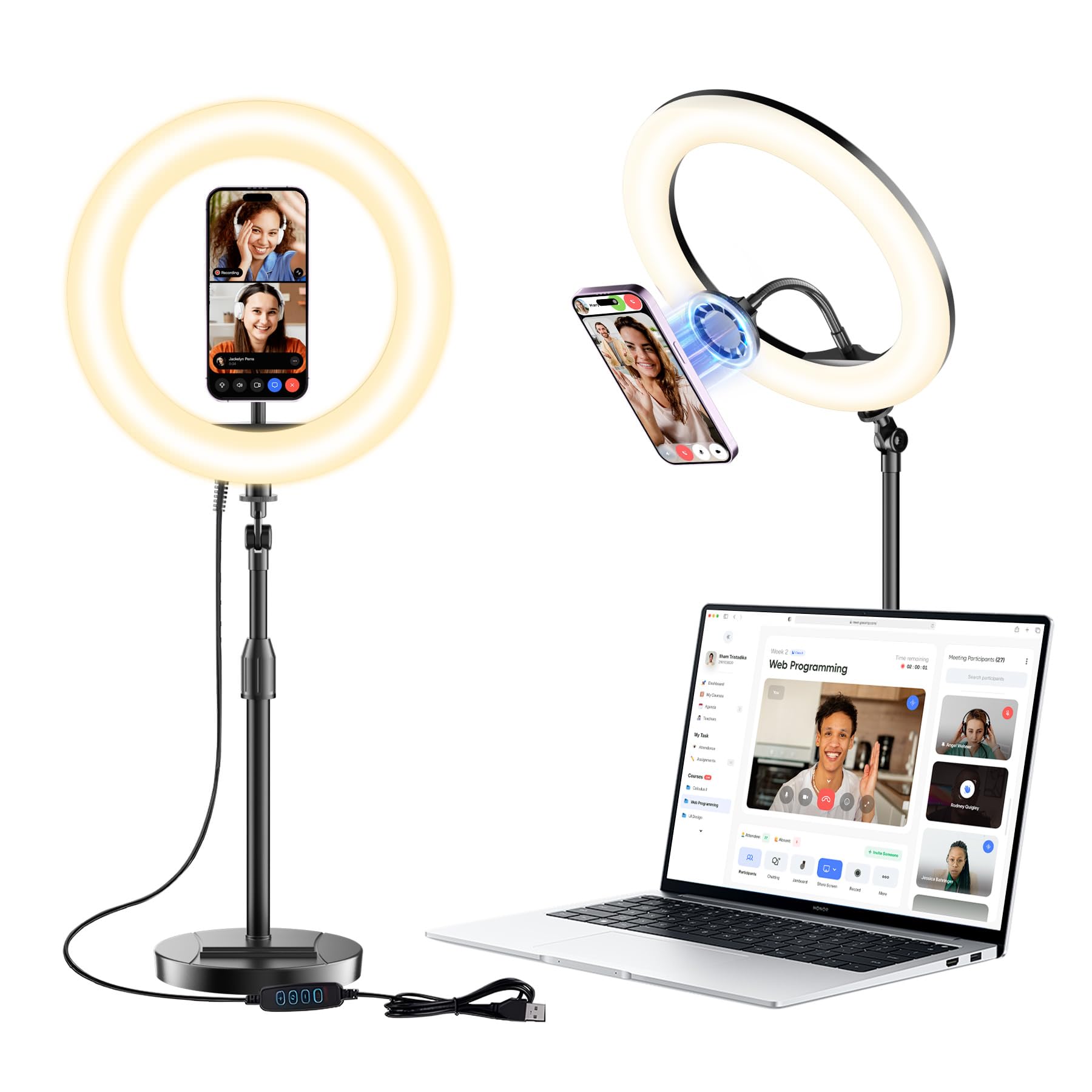 Desk Ring Light with Magnetic Phone Holder, 10'' Video Conference Podcast Lighting Kit for Laptop Computer Monitor Zoom Call Streaming, 3 Color LED