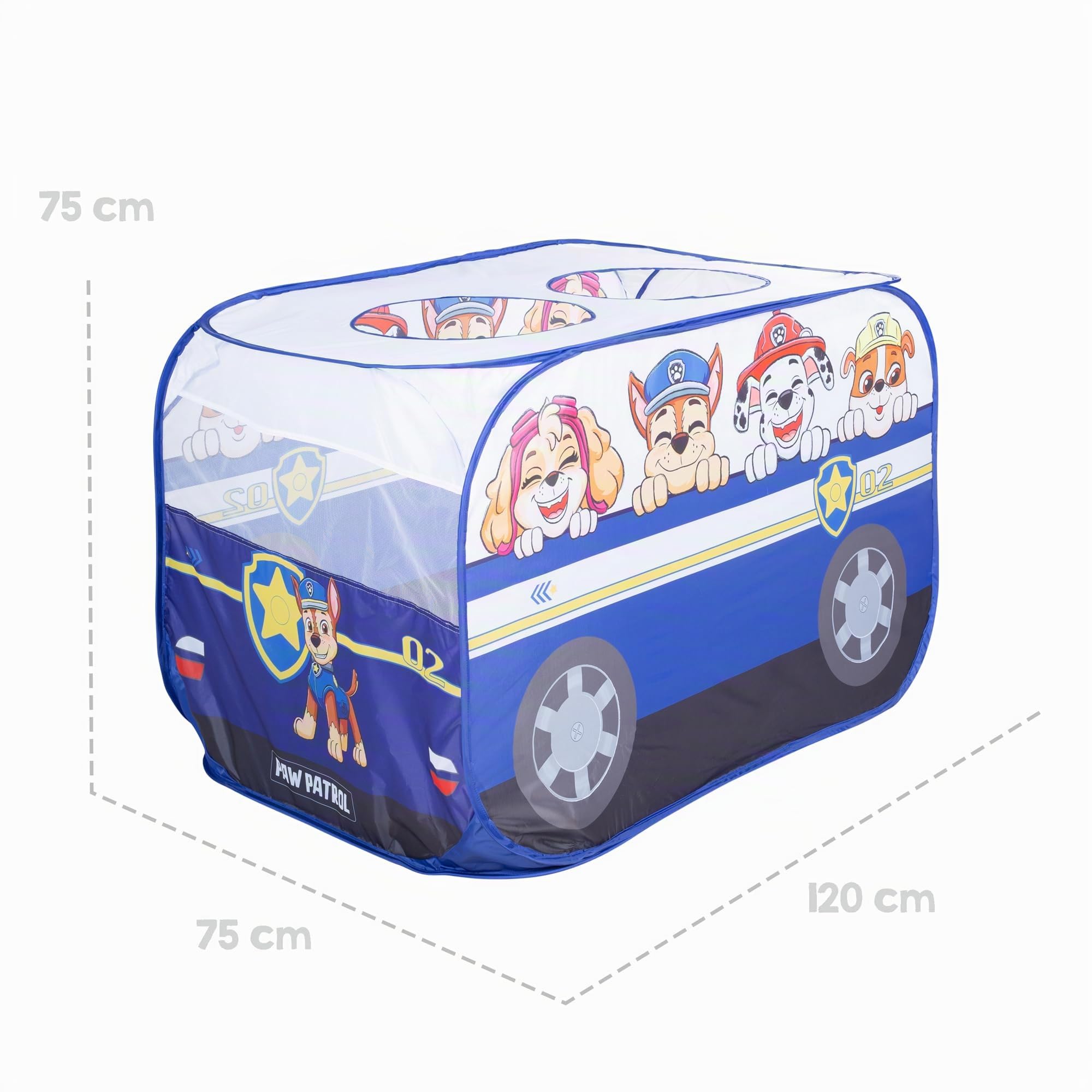 roba Paw Patrol Tienda de Juego - Carpa Infantil en Forma de Coche de Policía - Función Plegable + Bolsa de Transporte - Diseño de Perros Chase, Marshall, Rubble, Skye - Azul/Blanco