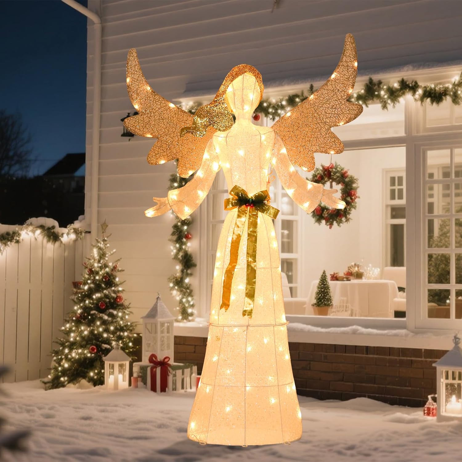 5 FT Christmas Angel Outdoor Decorations, 3D Pre-lit Glittered Angel with Bow and Ground Stakes Collapsible Winged Christmas Angel for Indoor Outdoor Garden Yard Lawn Holiday Display