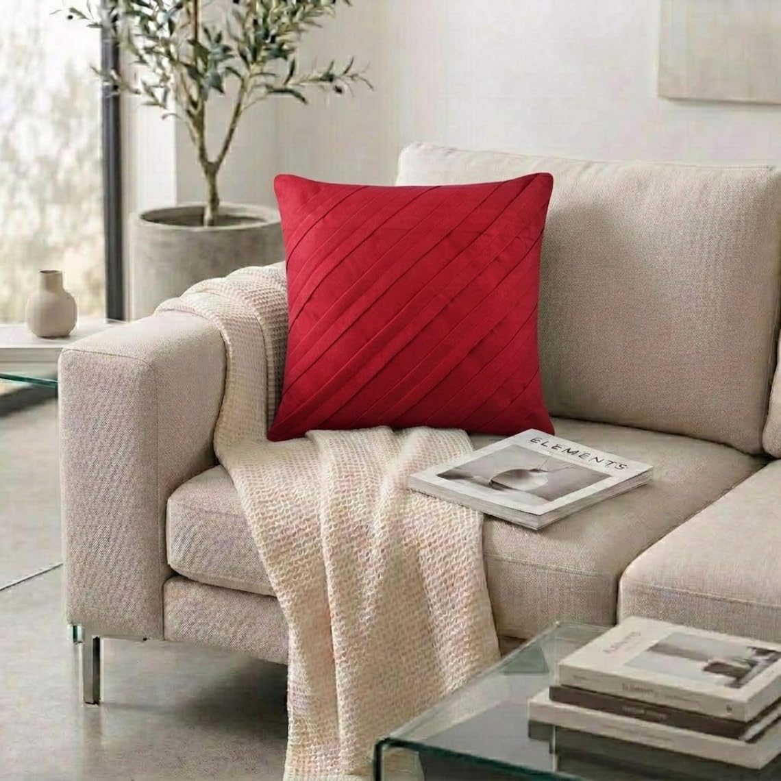 The HomeCentric Rosso 50x50 cm EcoEcopelle Scamosciata Sintetica Federe per cuscini, Pintucks, Strutturato, A Strisce Scamosciato Federa Cuscino, Contemporaneo Tinta Unita - Contemporary Red