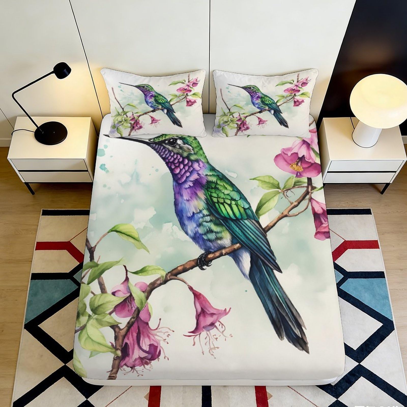 3D Printed Hummingbird Fitted Sheet Microfiber Soft Durable Floral Bed Cover for Bedroom Dormitory Guest Room Mattress Protection Decoration 120x200x25cm