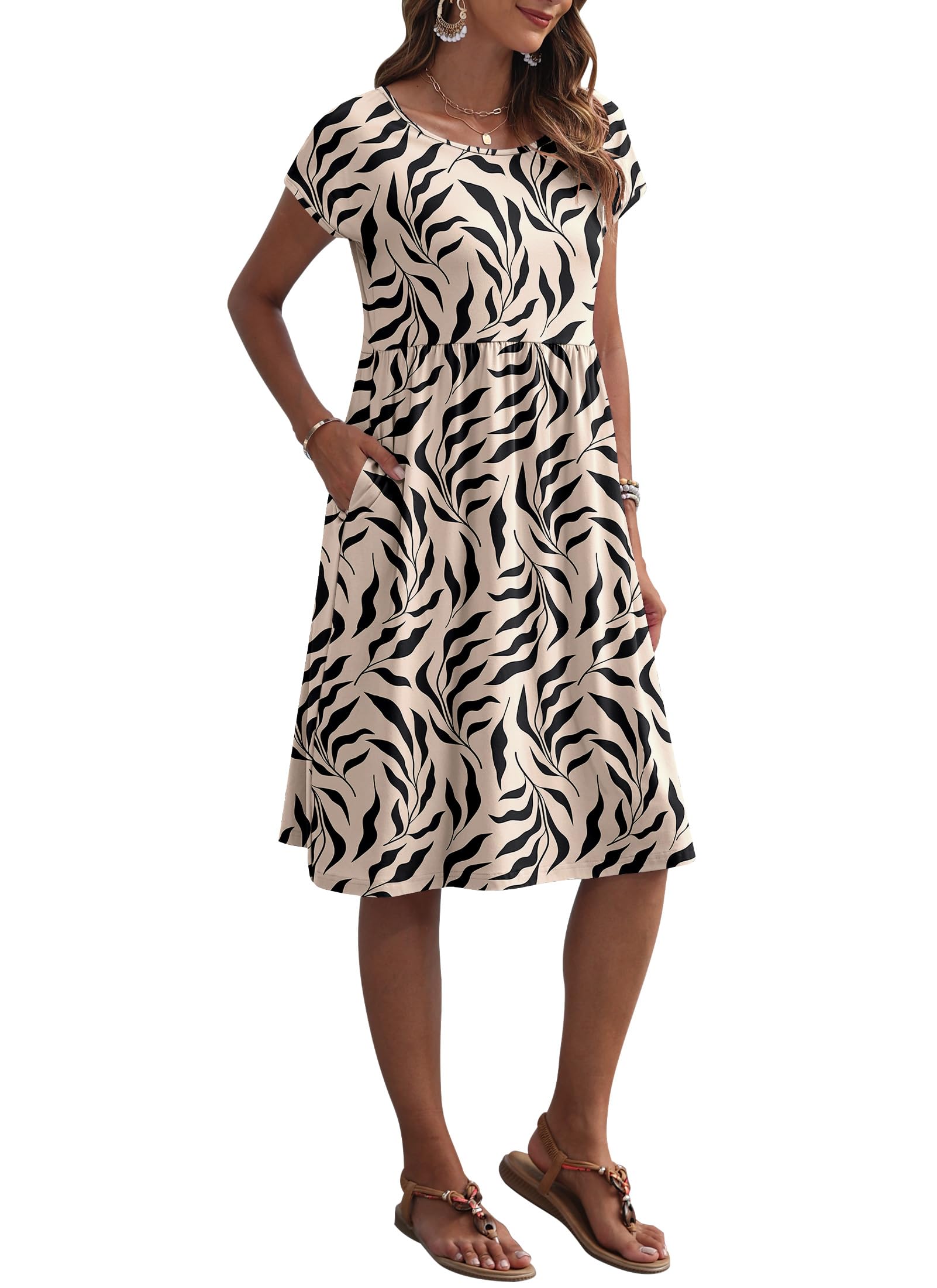 AUSELILY Vestito Estivo da Donna a Maniche Corte Abiti Casual Larghi Abito al Ginocchio con Scollo a Girocollo e Tasche