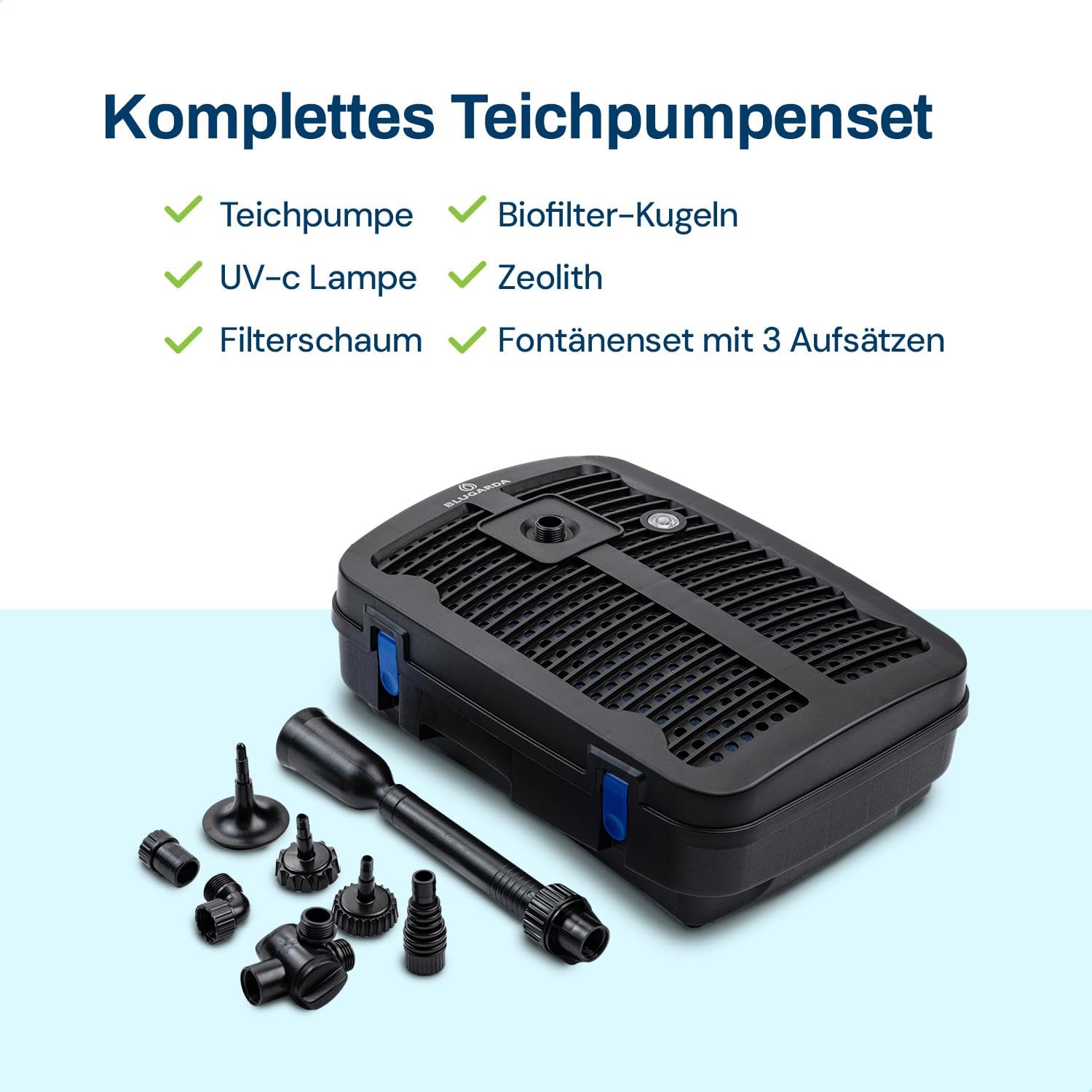 BluFilter 1011-3-in-1 Teichpumpe mit Filter - Teichfilteranlage & UV-C Filter - 11W UVC Klärer Lampe - Für Fischteich & Kleine Teiche - Filterpumpe Komplettset - 1.000 L/h