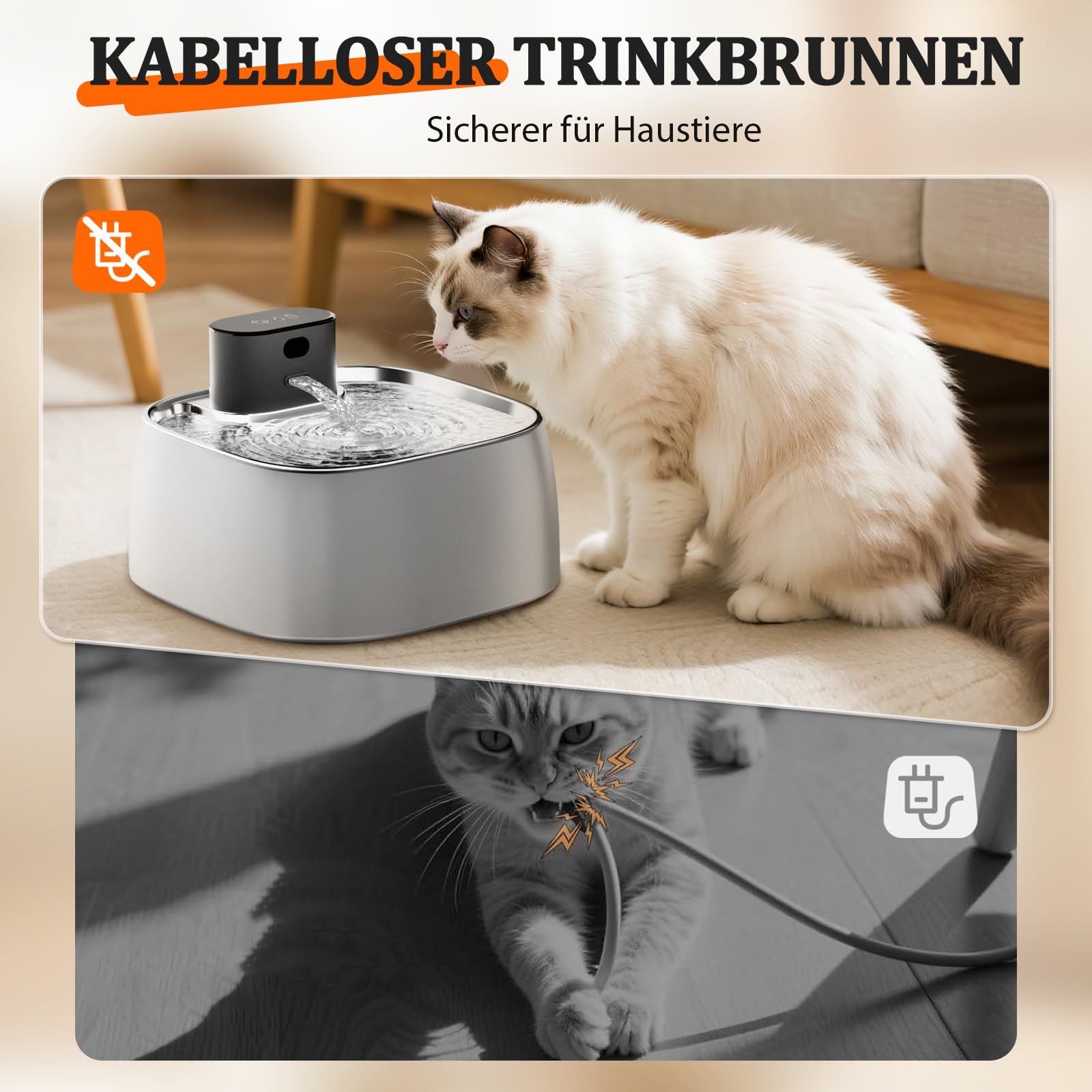 ROTTOGOON 3,2L Katzenbrunnen Kabellos mit Bewegungssensor Edelstahl | Batteriebetrieben Katzen Trinkbrunnen 4000mAh, Katzentrinkbrunnen Ohne Pumpe, Leise Wasserbrunnen für Katze