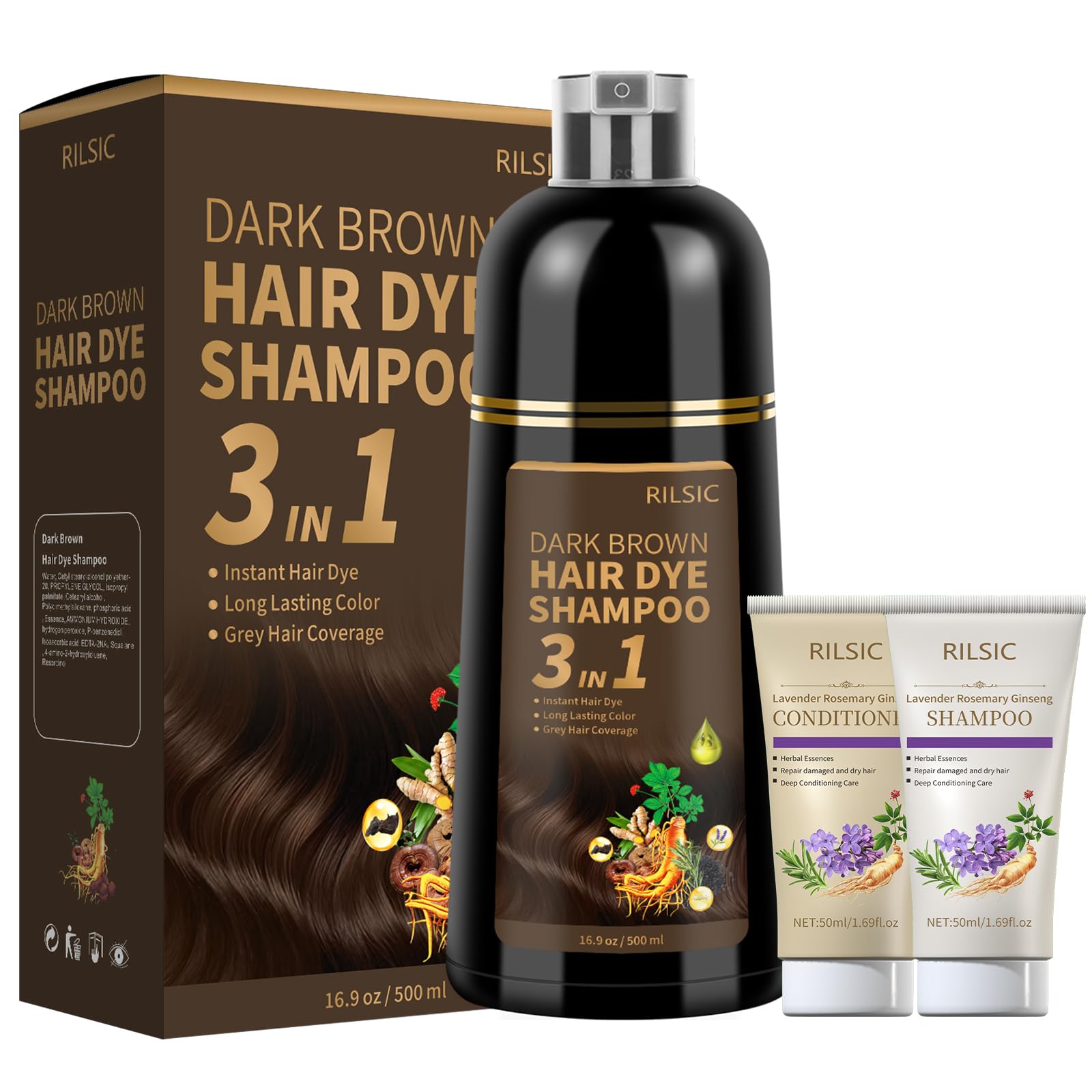 RILSIC Dark Brown Hair Dye Shampoo 3 in 1 for Grey Hair Coverage