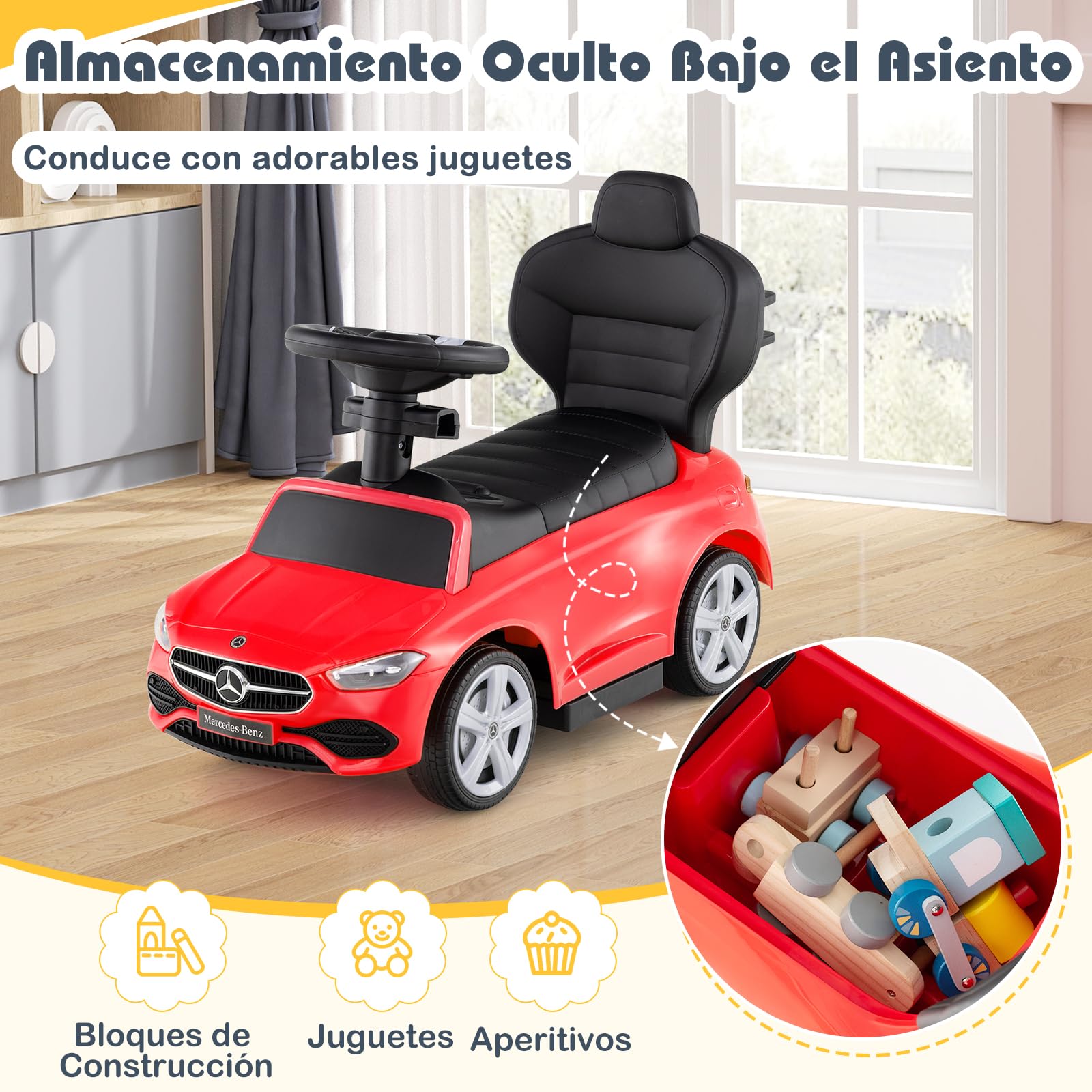 COSTWAY Coche Correpasillo 3 en 1 para Niños, Coche de Juguete con Barra de Empuje y Capota Ajustable, Coche con Pedal y Bocina para Niños de 18-36 Meses con Sonido (Rojo)