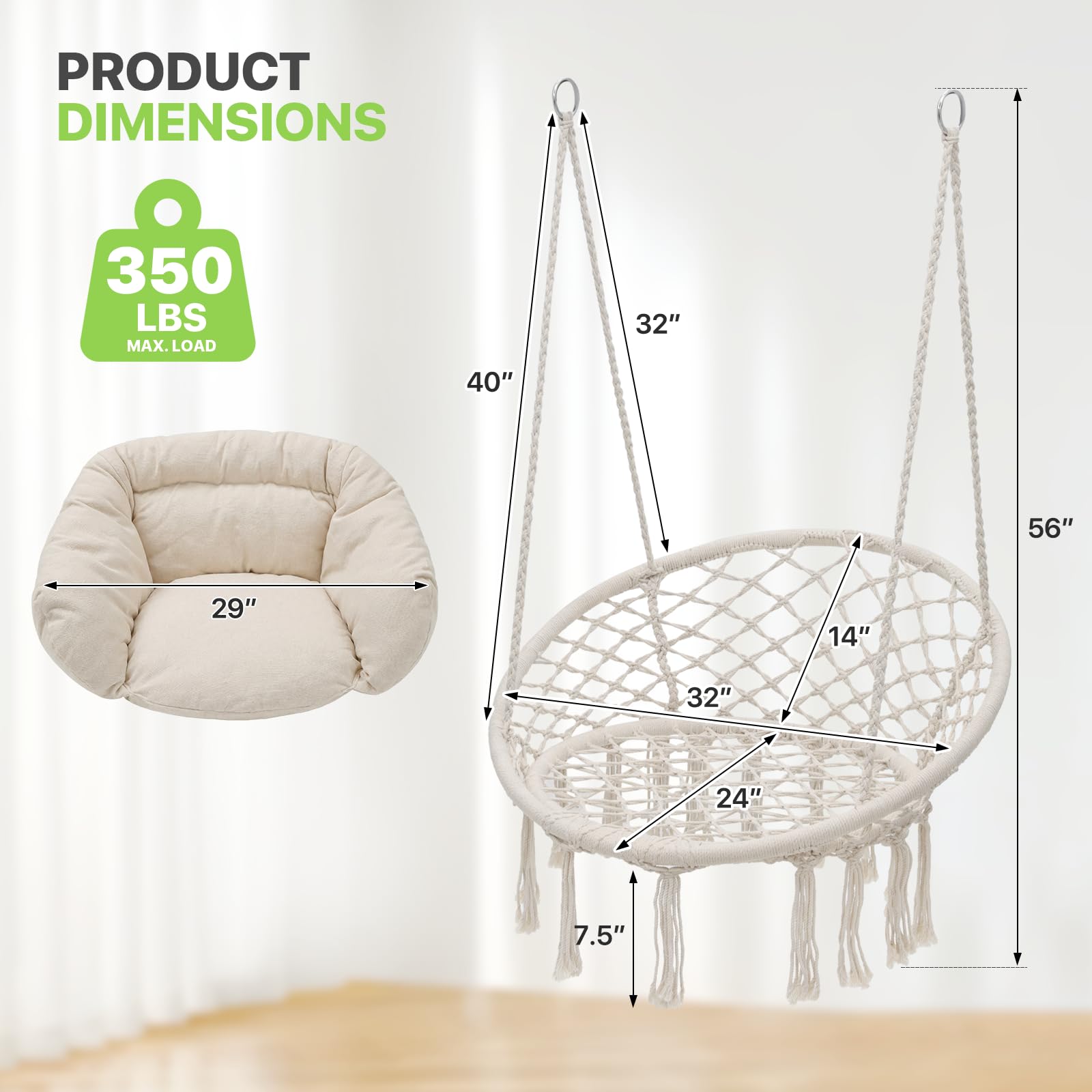 Magshion Chaise hamac suspendue avec coussin complet confortable, balancelle extérieure en macramé avec capacité de 158,8 kg, meuble d'appoint idéal pour salon, chambre à coucher, porche, détente et