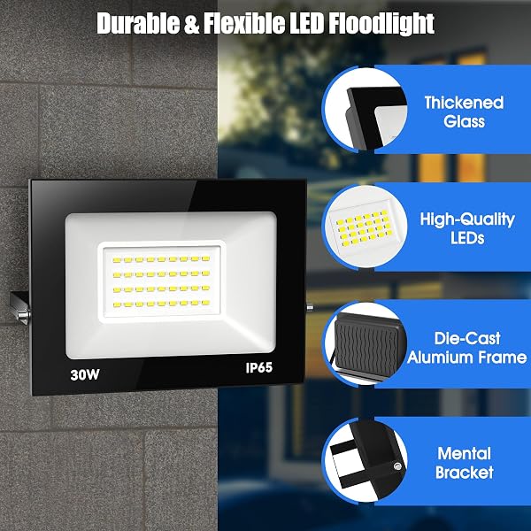 loyal Projecteur LED 30W 3000LM Super Lumineux, 6000K Blanc Froid, IP65 Imperméable, Éclairage de Sécurité D'extérieur Pour Terrasse, Jardin, Garage, Cour - 2