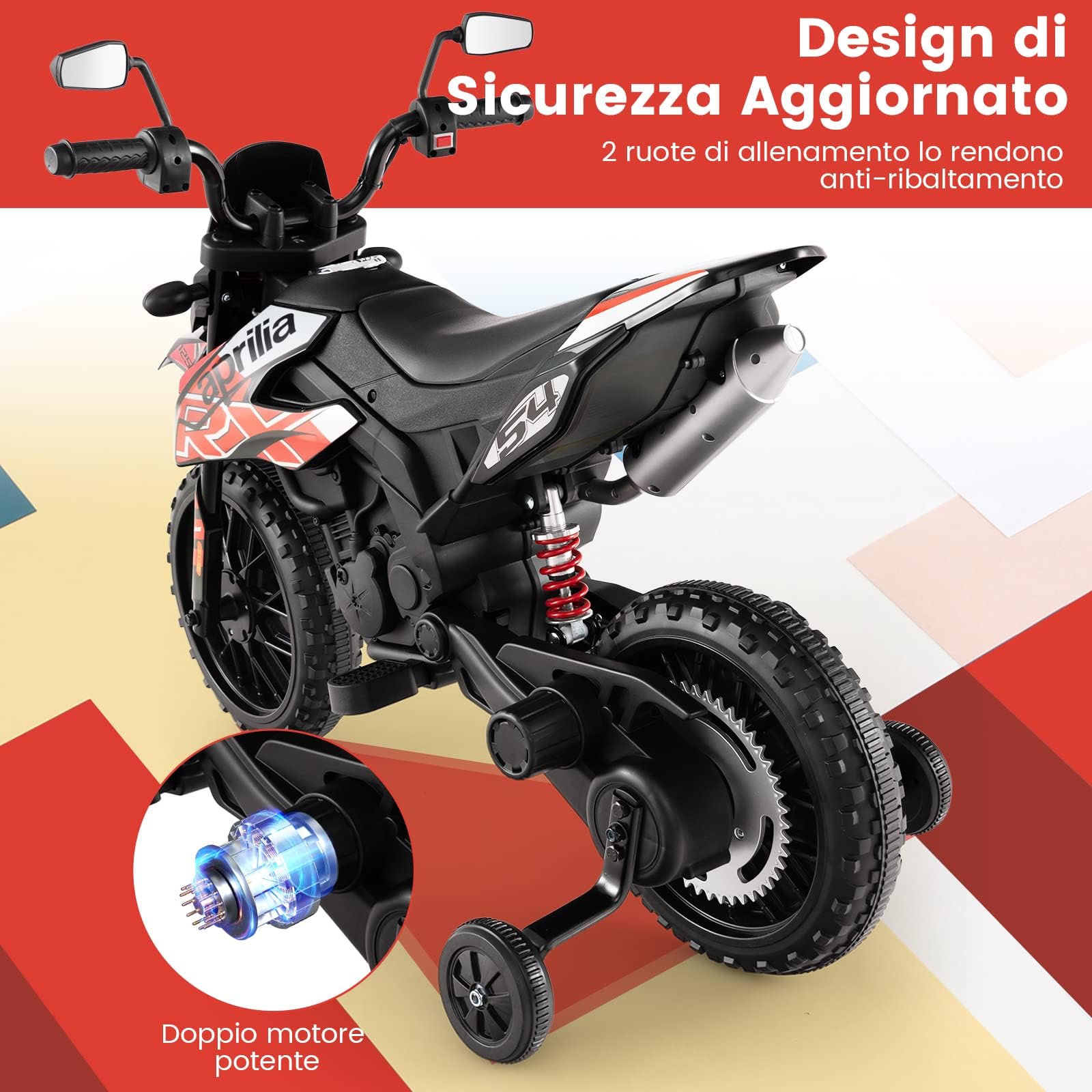 RELAX4LIFE Moto Elettrica Aprilia RX 12 V per Bambini, con Rotelle Ausiliarie, 5,5-6 km/h, Luci,Musica,Fari, Carico 30 KG, per 3-8 Anni